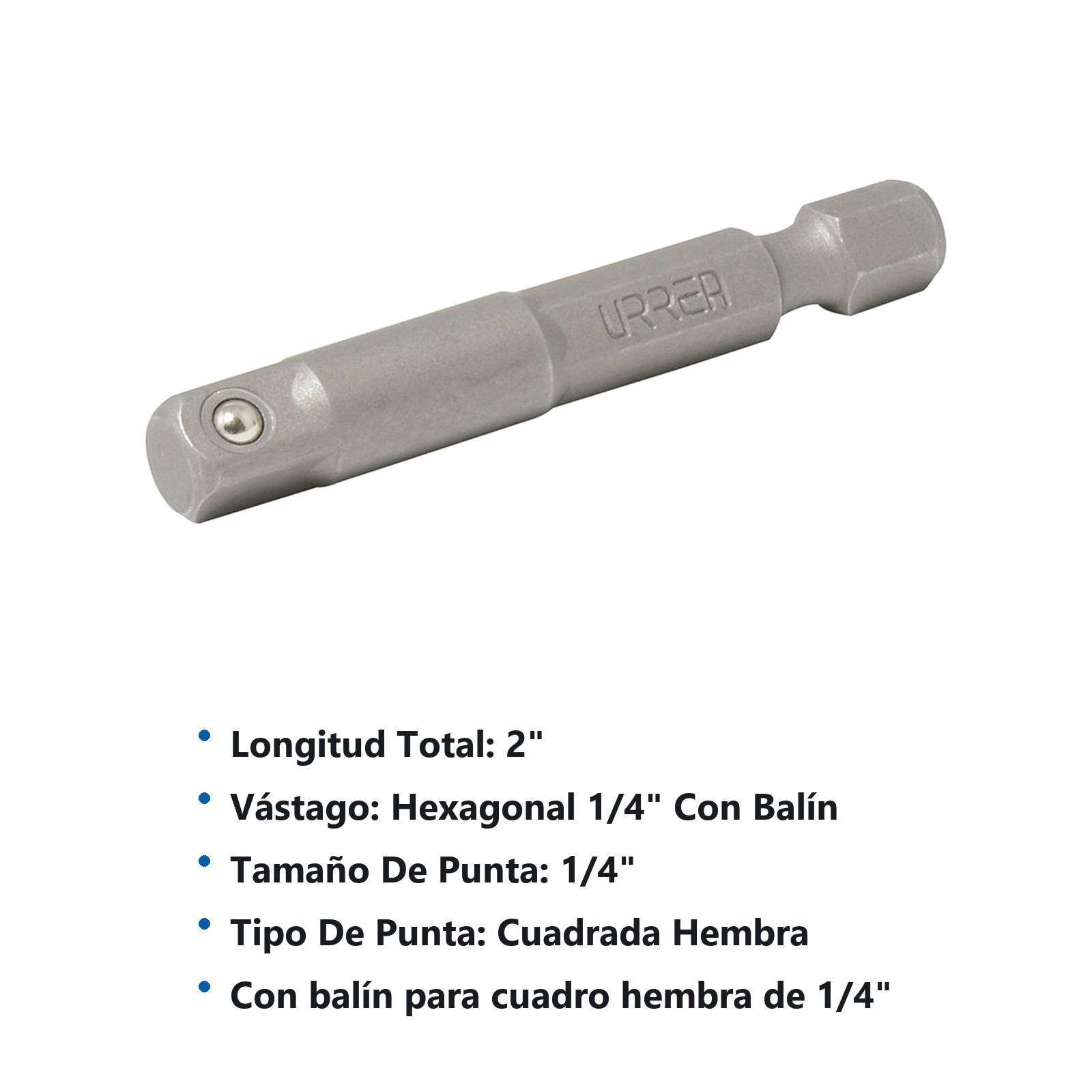 Adaptador con balín para dados cuadro hembra de 1/4", hexágono de 1/4" x 2" Urrea - Imagen 3