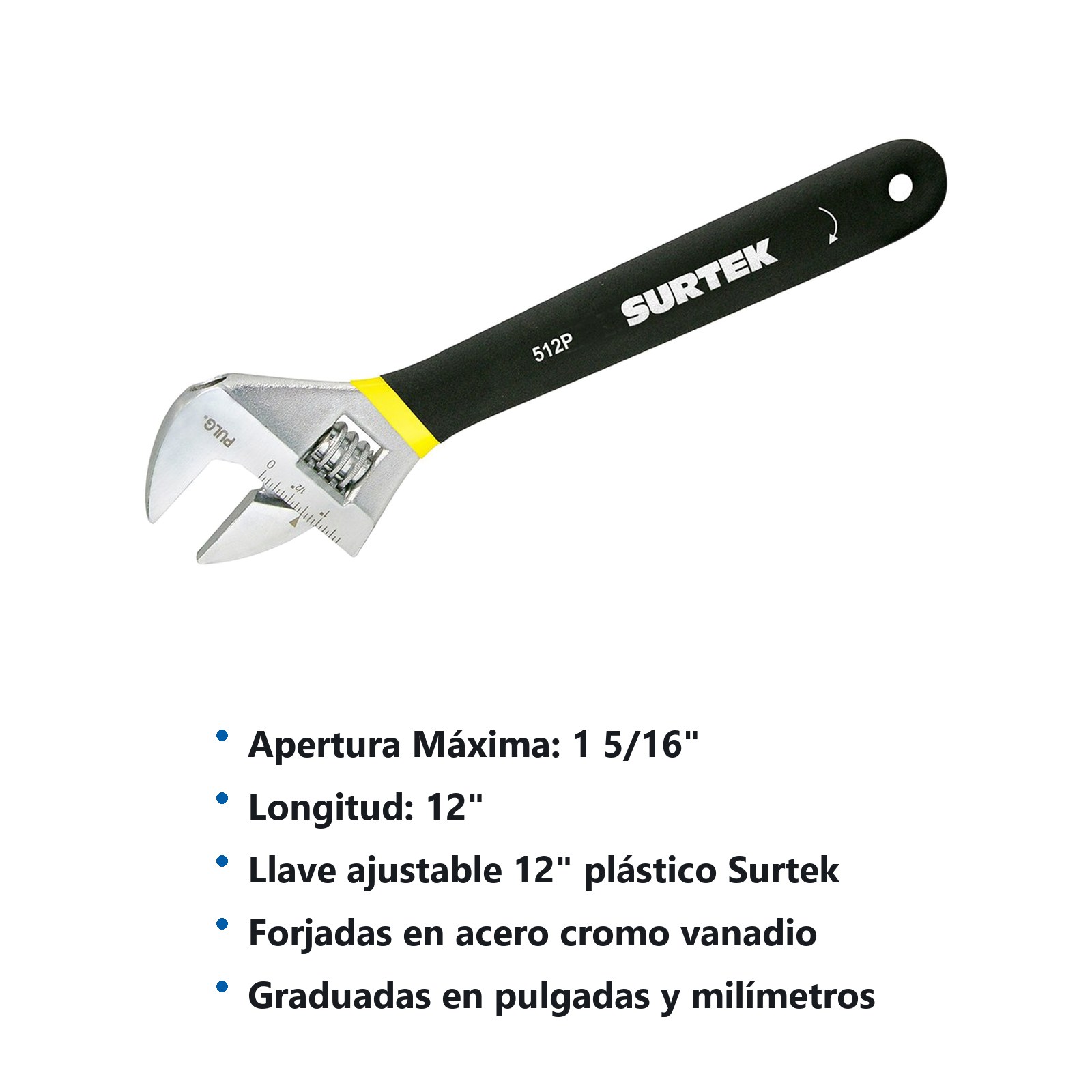 Llave ajustable cromada con mango Rubber grip de plastisol 12" Surtek - Imagen 3