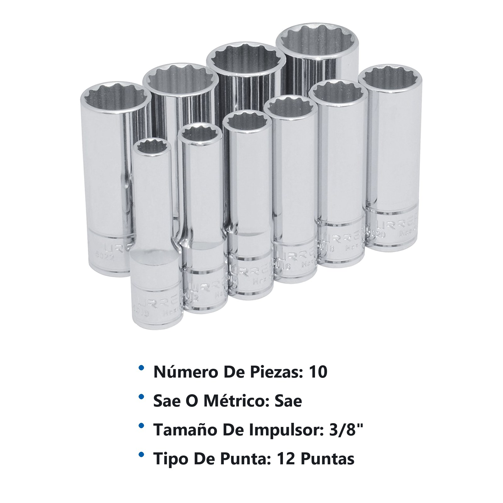 Juego de dados largos cuadro de 3/8", 12 puntas, en pulgadas, 10 piezas Urrea - Imagen 3