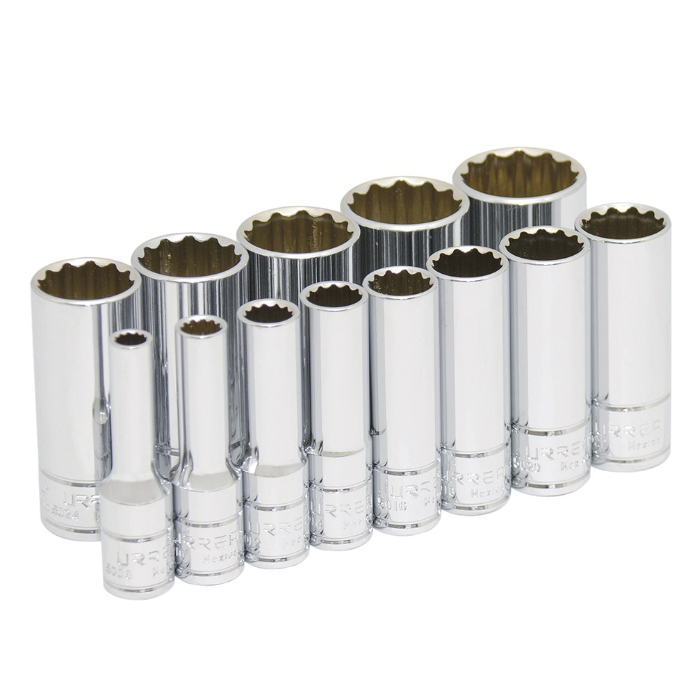 Juego de dados largos cuadro de 3/8", 12 puntas, en pulgadas, 13 piezas Urrea