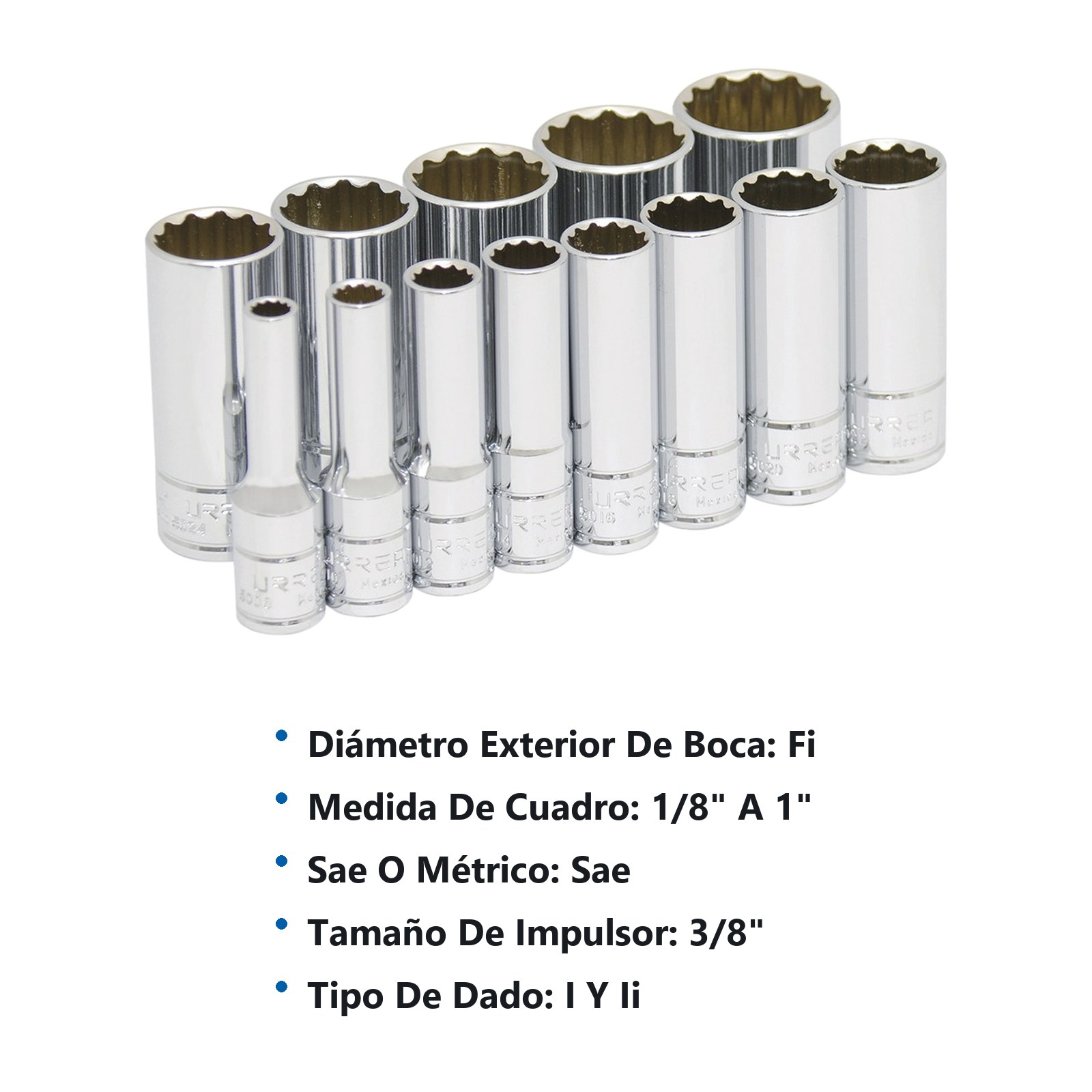 Juego de dados largos cuadro de 3/8", 12 puntas, en pulgadas, 13 piezas Urrea - Imagen 3