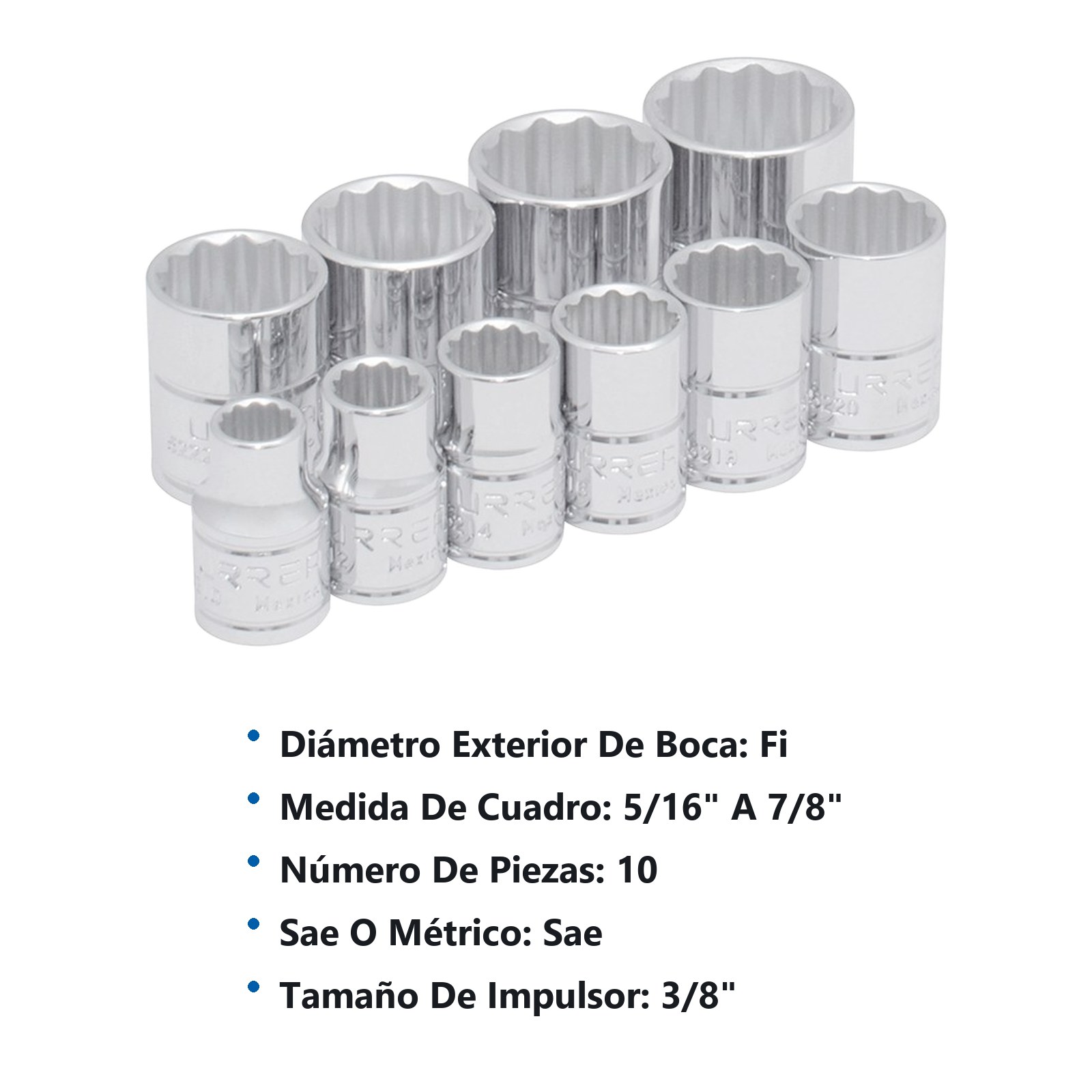 Juego de dados cuadro de 3/8", 12 puntas, en pulgadas, 10 piezas Urrea - Imagen 3