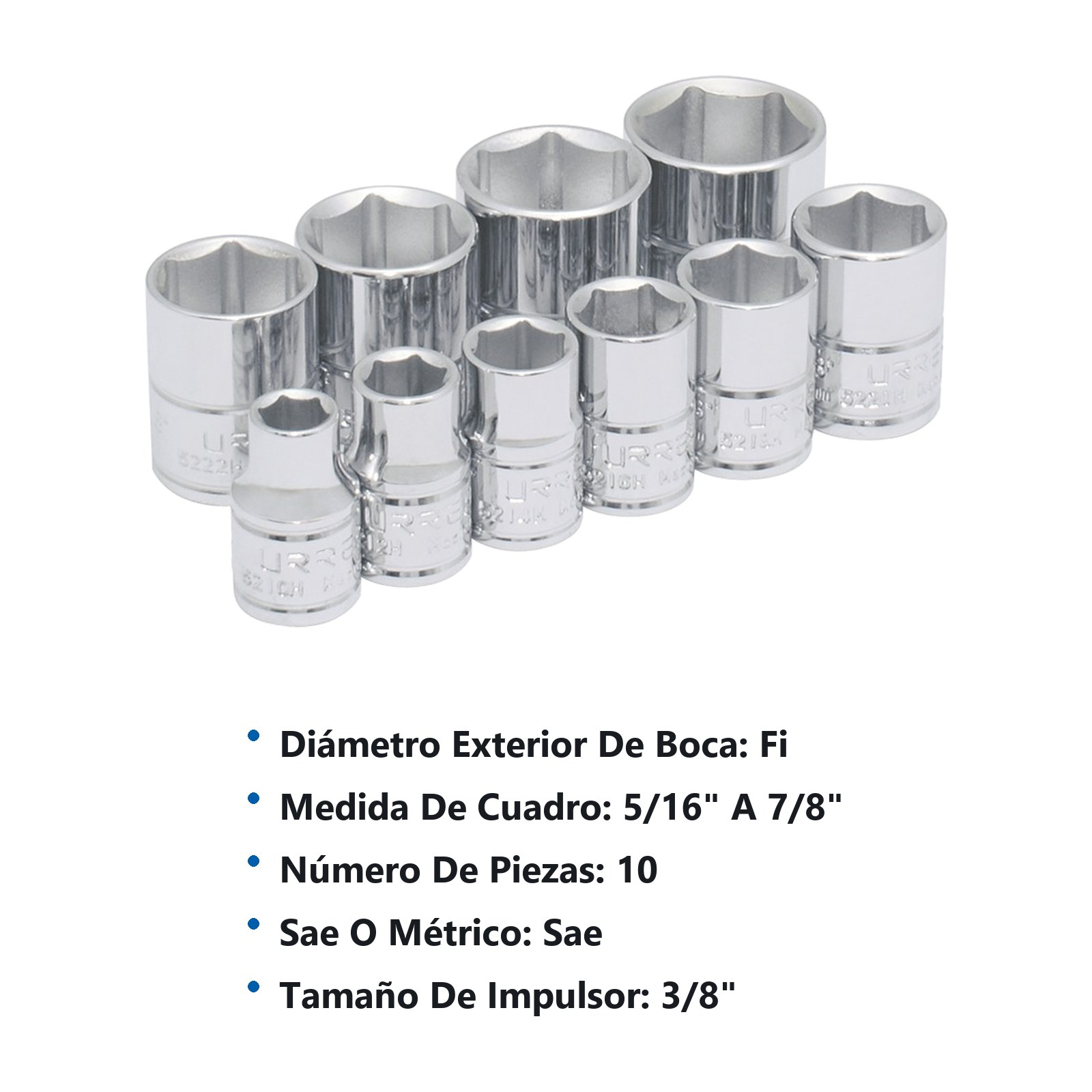 Juego de dados cuadro de 3/8", 6 puntas, en pulgadas, 10 piezas Urrea - Imagen 3