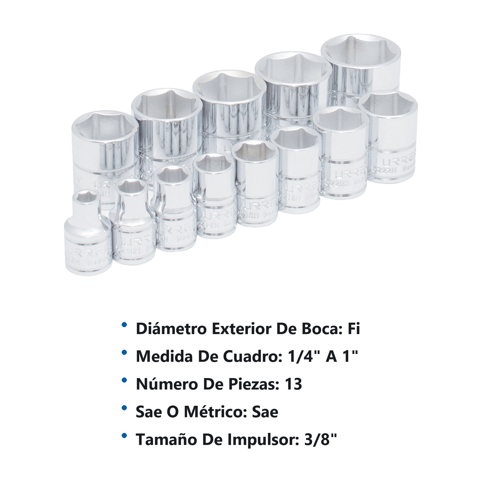 Juego de dados cuadro de 3/8", 6 puntas, en pulgadas, 13 piezas Urrea - Imagen 2