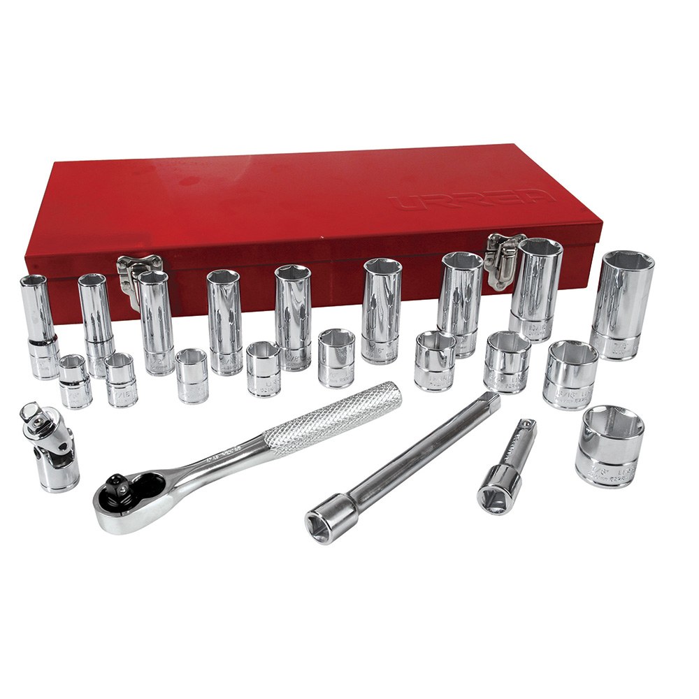 Juego de dados y accesorios cuadro de 3/8" en pulgadas, 23 piezas Urrea