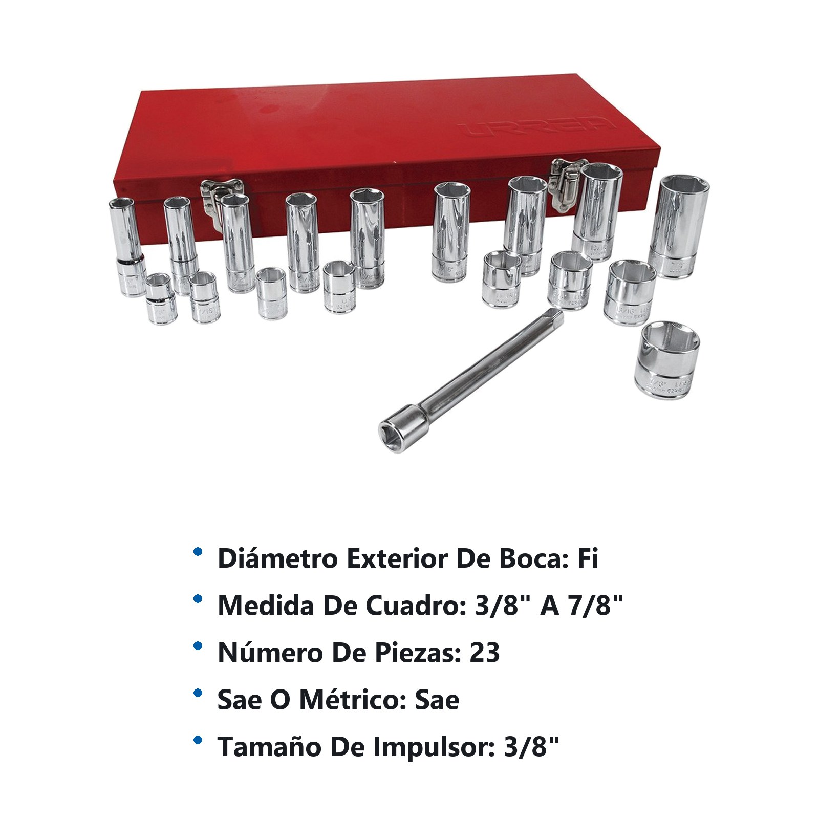Juego de dados y accesorios cuadro de 3/8" en pulgadas, 23 piezas Urrea - Imagen 3