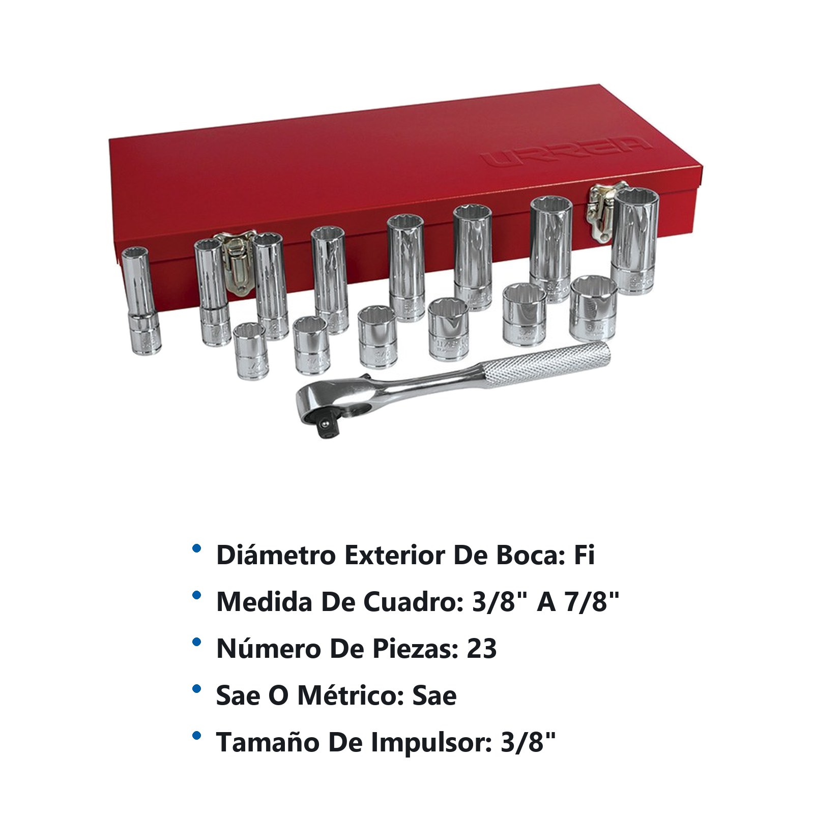 Juego de dados y accesorios cuadro de 3/8" en pulgadas, 23 piezas Urrea - Imagen 3