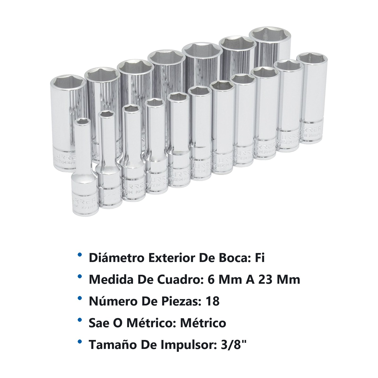 Juego de dados largos cuadro de 3/8", 6 puntas, métricos, 18 piezas Urrea - Imagen 2