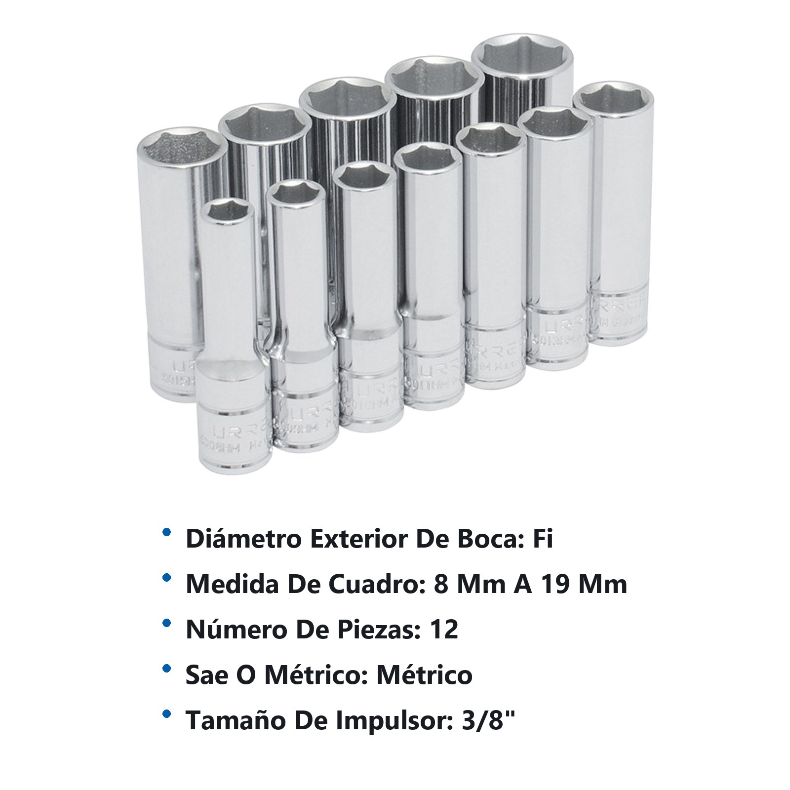 Juego de dados largos cuadro de 3/8", 6 puntas, métricos, 12 piezas Urrea - Imagen 3