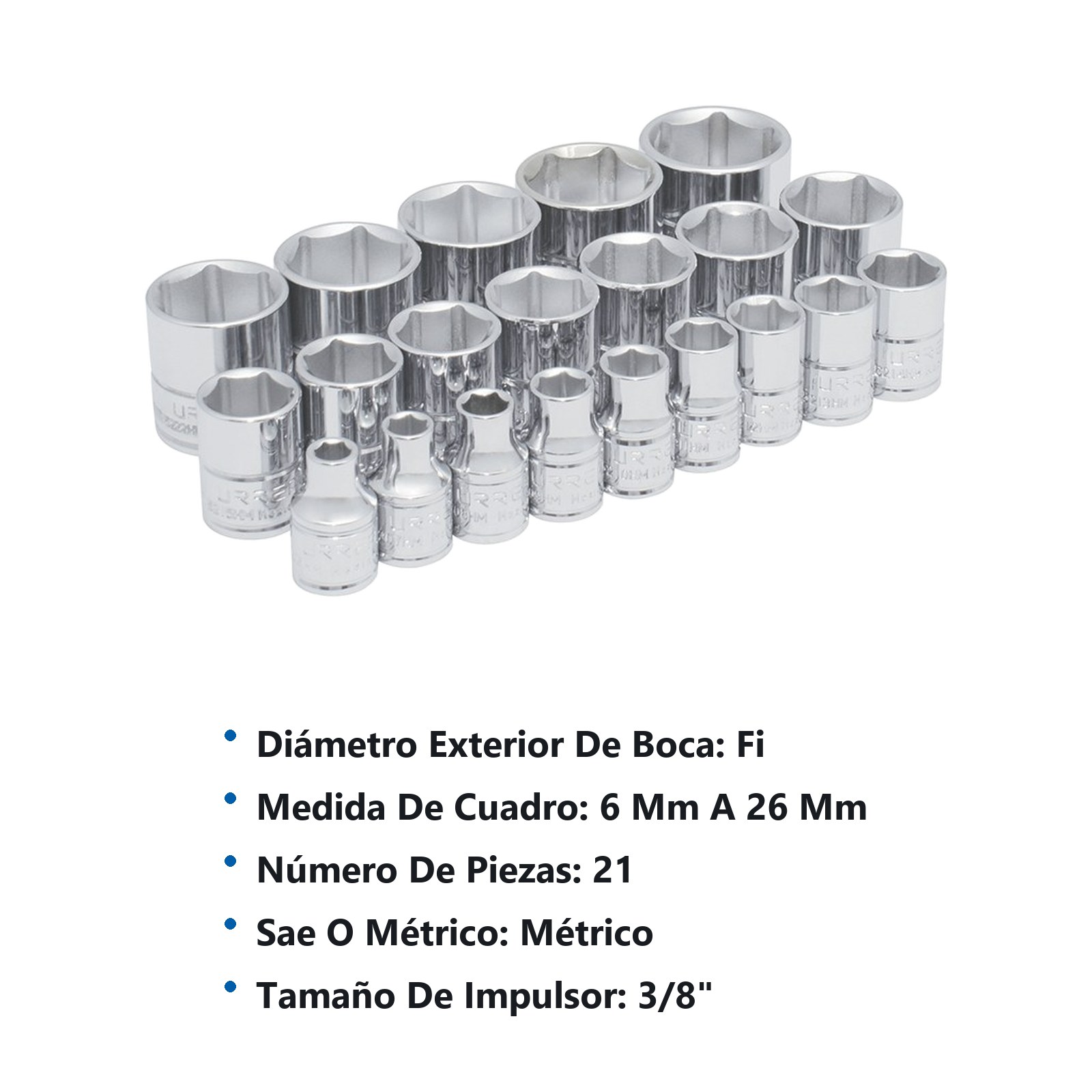 Juego de dados cuadro de 3/8", 6 puntas, métricos, 21 piezas Urrea - Imagen 2