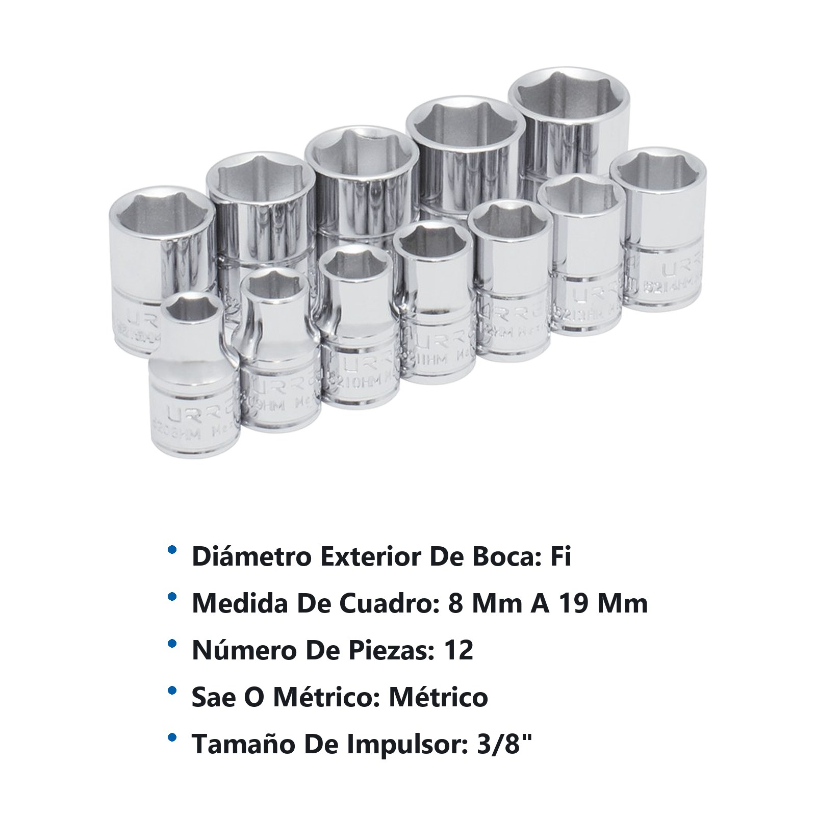 Juego de dados cuadro de 3/8", 6 puntas, métricos, 12 piezas Urrea - Imagen 2