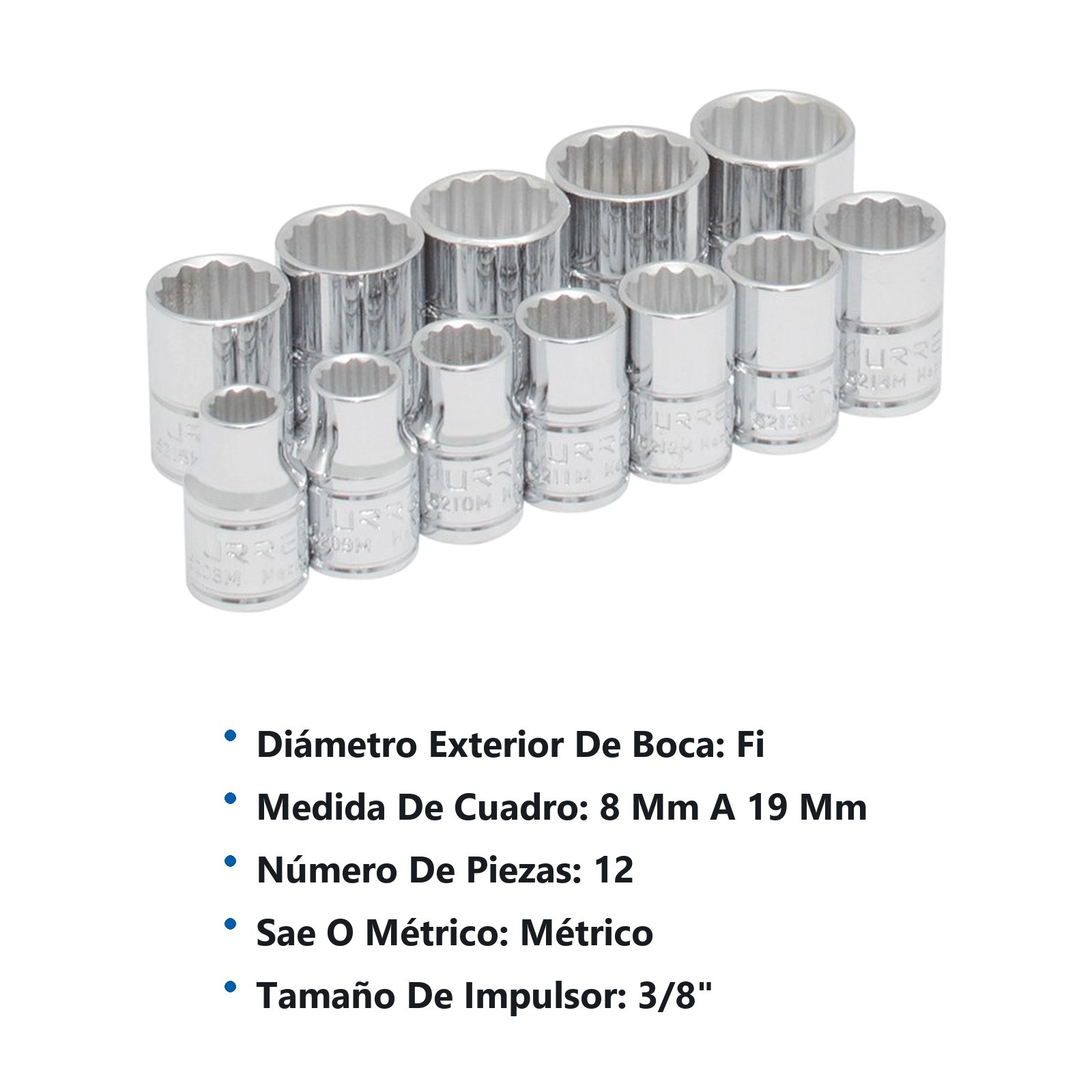 Juego de dados cuadro de 3/8", 12 puntas, métricos, 12 piezas Urrea - Imagen 3