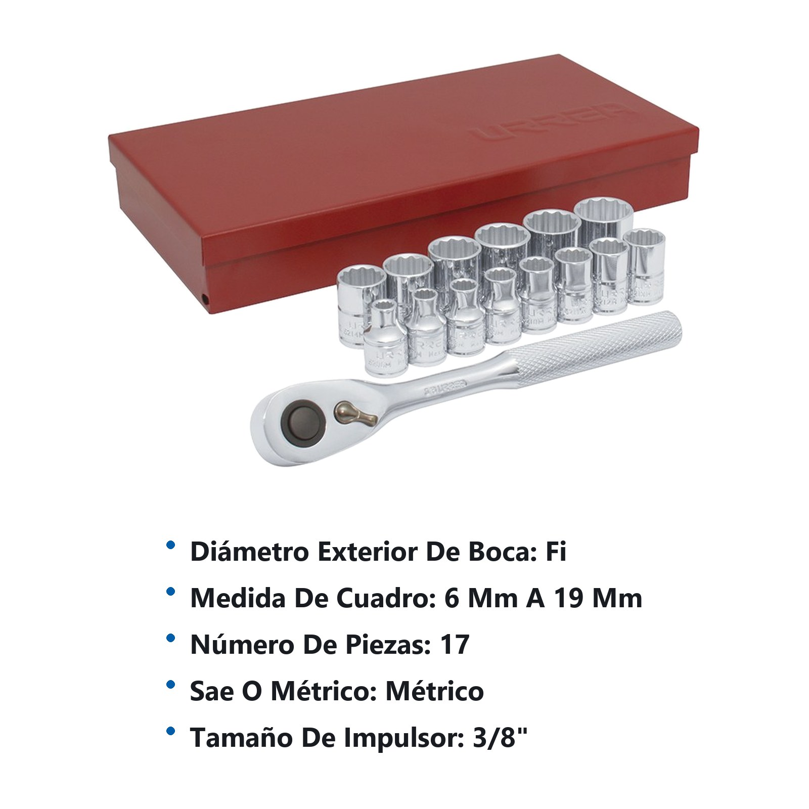 Juego de dados y accesorios cuadro de 3/8" métrico, 17 piezas Urrea - Imagen 3