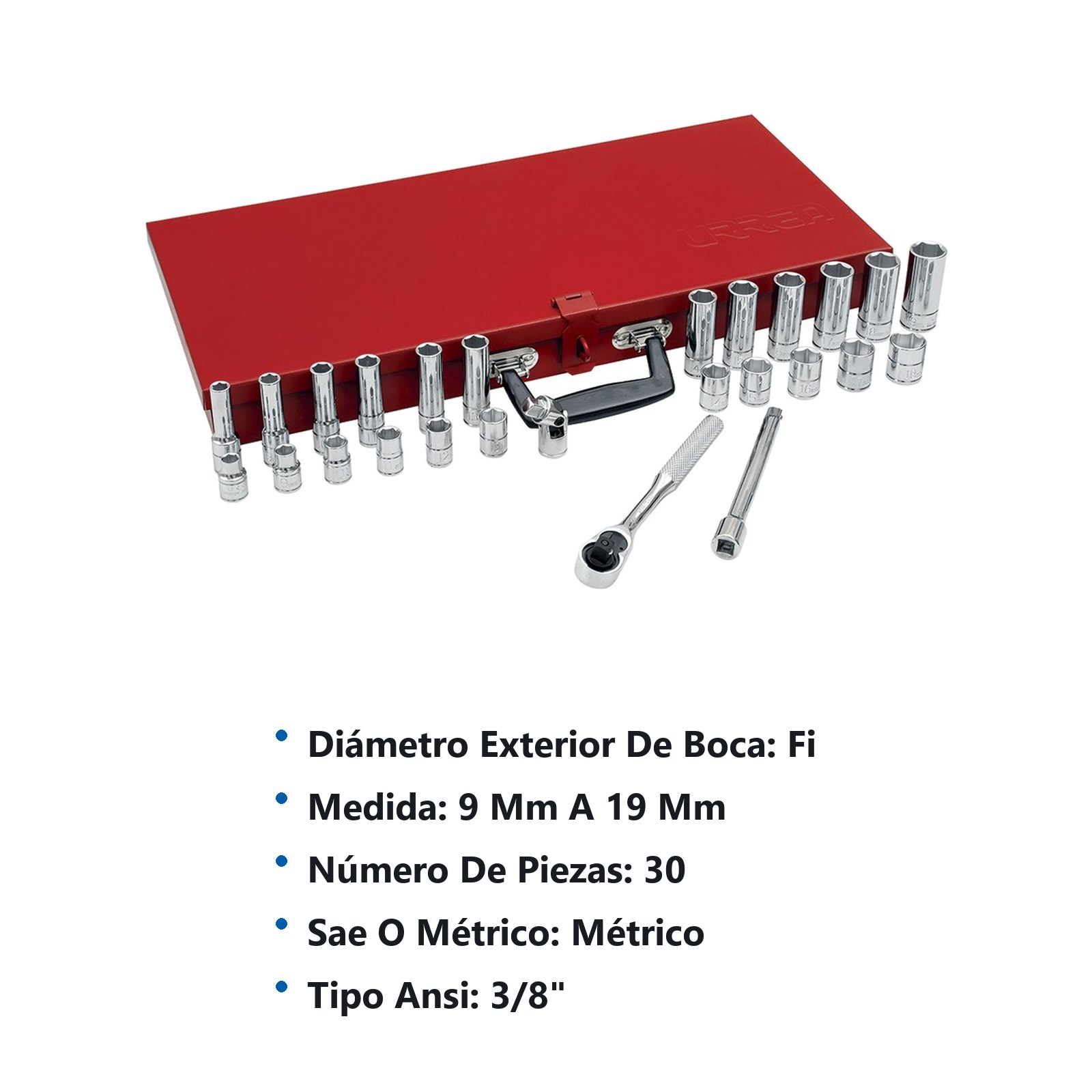 Juego de dados y accesorios cuadro de 3/8" métrico, 30 piezas Urrea - Imagen 3