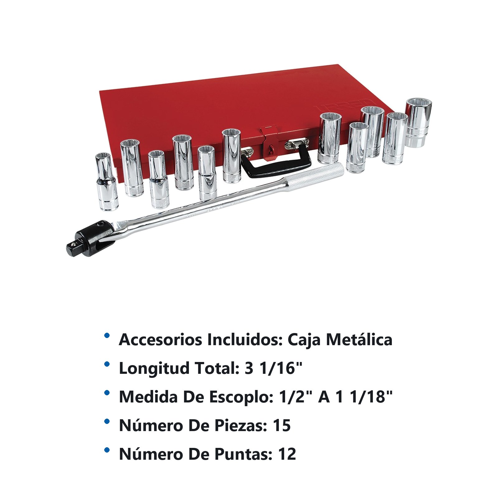Juego de dados y accesorios cuadro de 1/2" en pulgadas, 15 piezas Urrea - Imagen 3