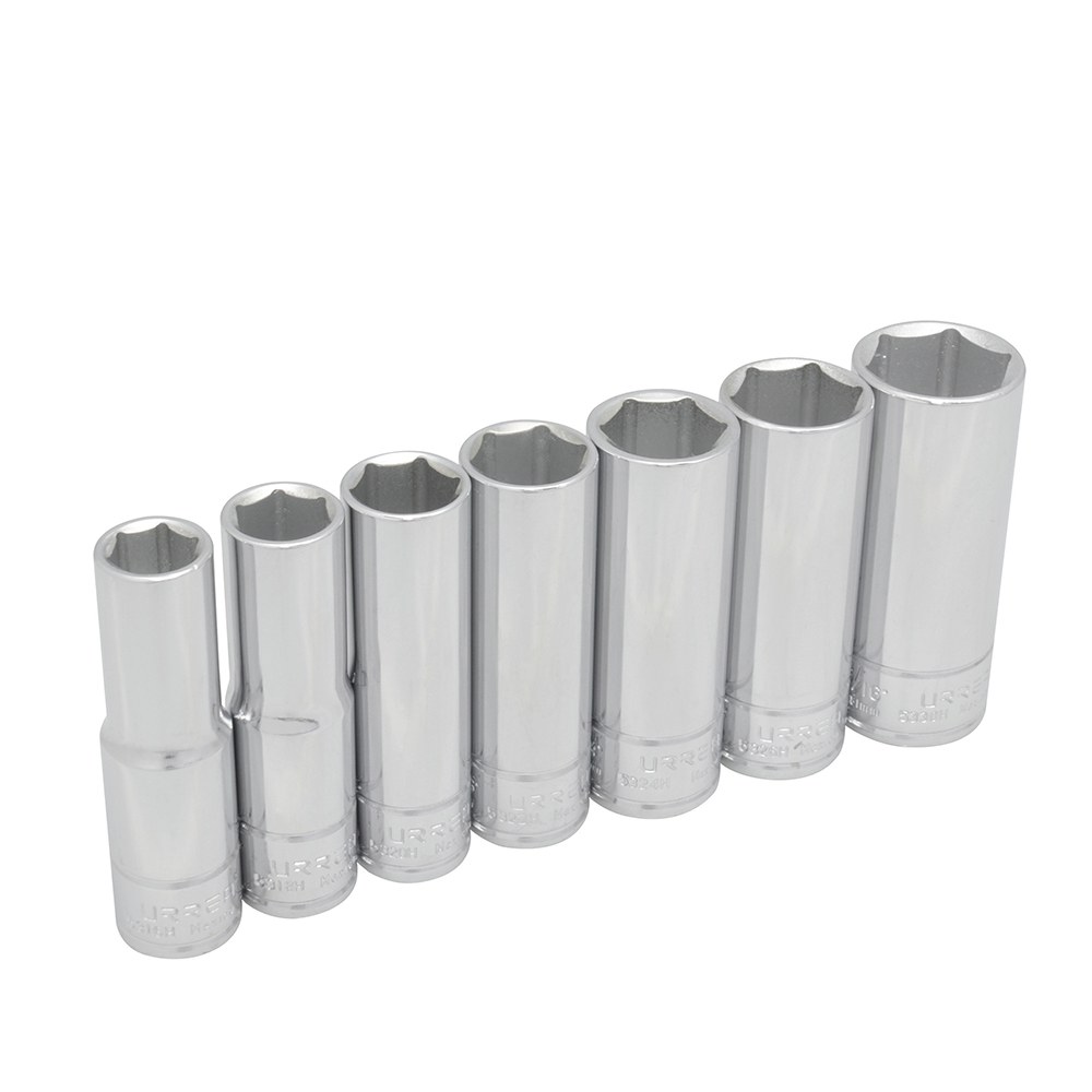 Juego de dados largos cuadro de 1/2", 6 puntas, en pulgadas, 7 piezas Urrea