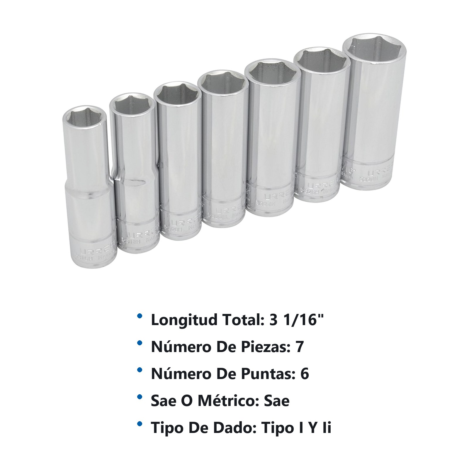 Juego de dados largos cuadro de 1/2", 6 puntas, en pulgadas, 7 piezas Urrea - Imagen 3