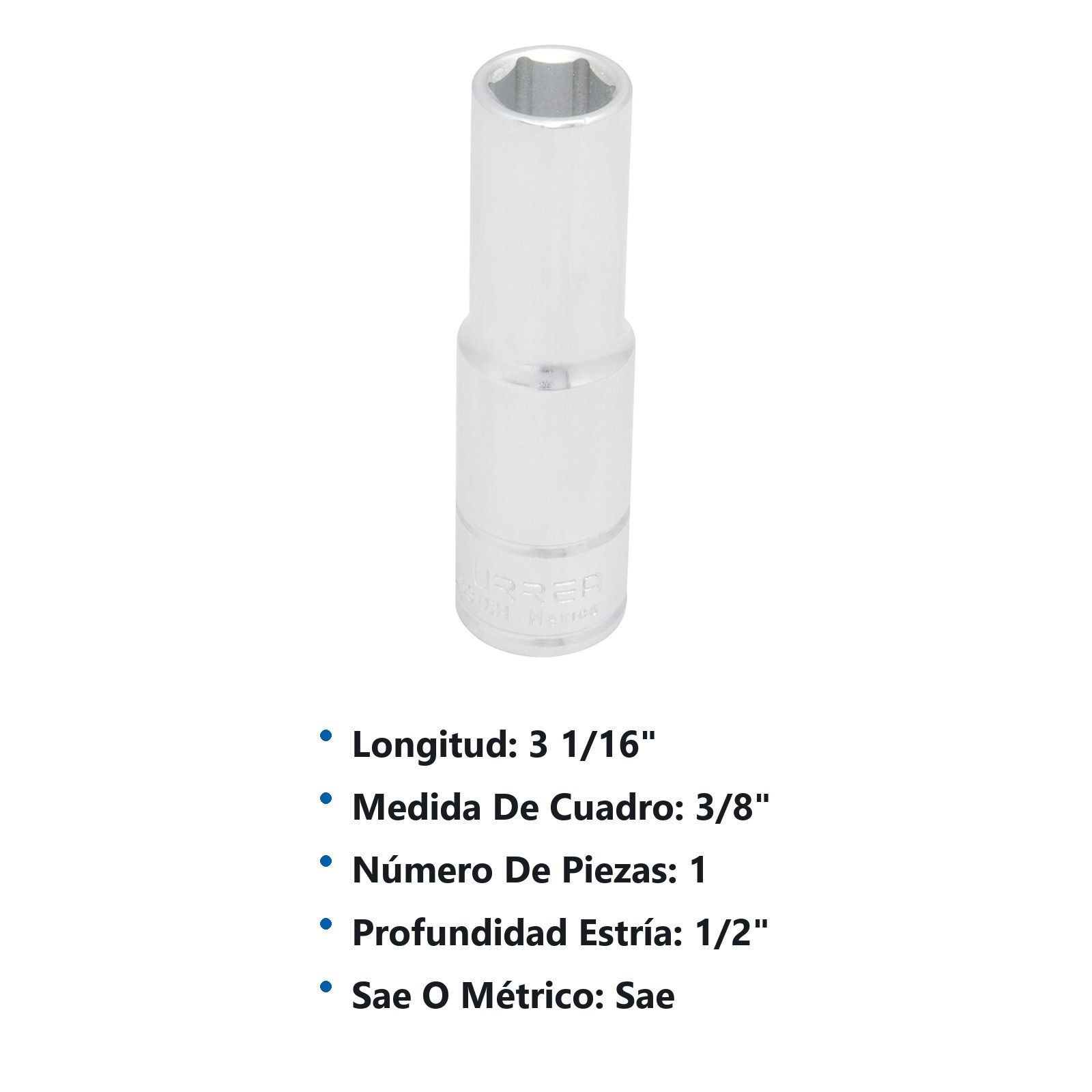 Dado largo cuadro de 1/2", 6 puntas, en pulgadas, 3/8" Urrea - Imagen 3