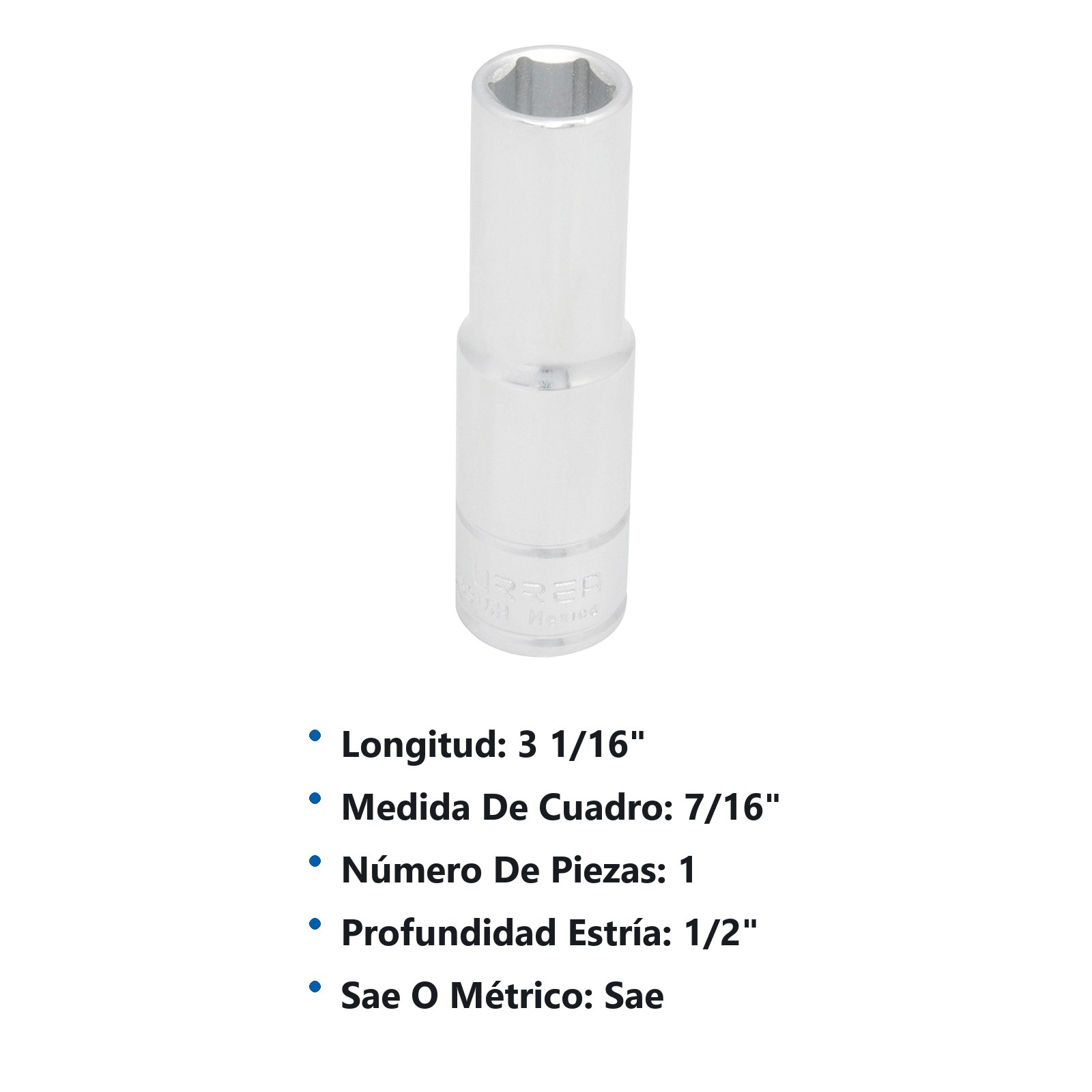 Dado largo cuadro de 1/2", 6 puntas, en pulgadas, 7/16" Urrea - Imagen 3