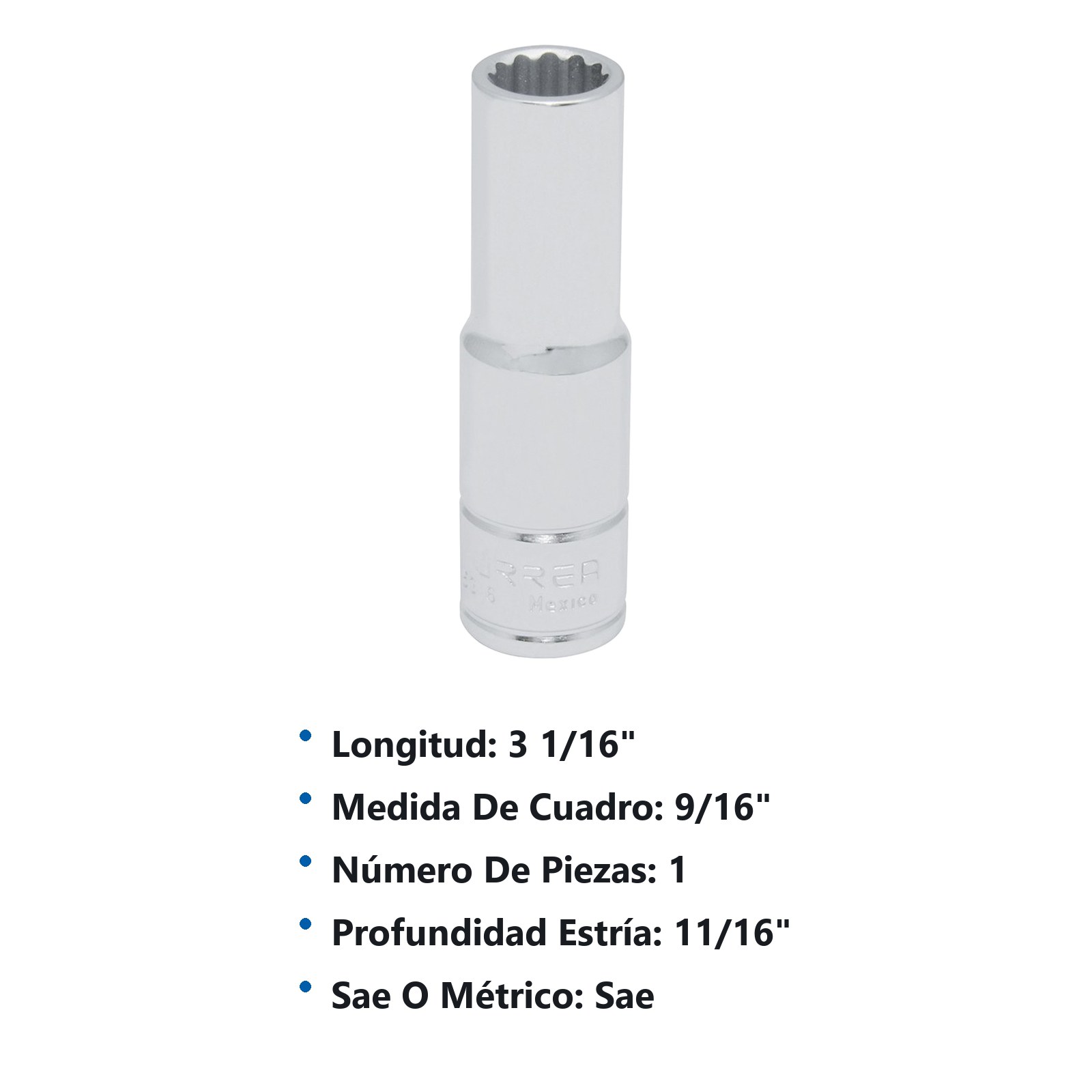 Dado largo cuadro de 1/2", 12 puntas, en pulgadas, 9/16" Urrea - Imagen 3