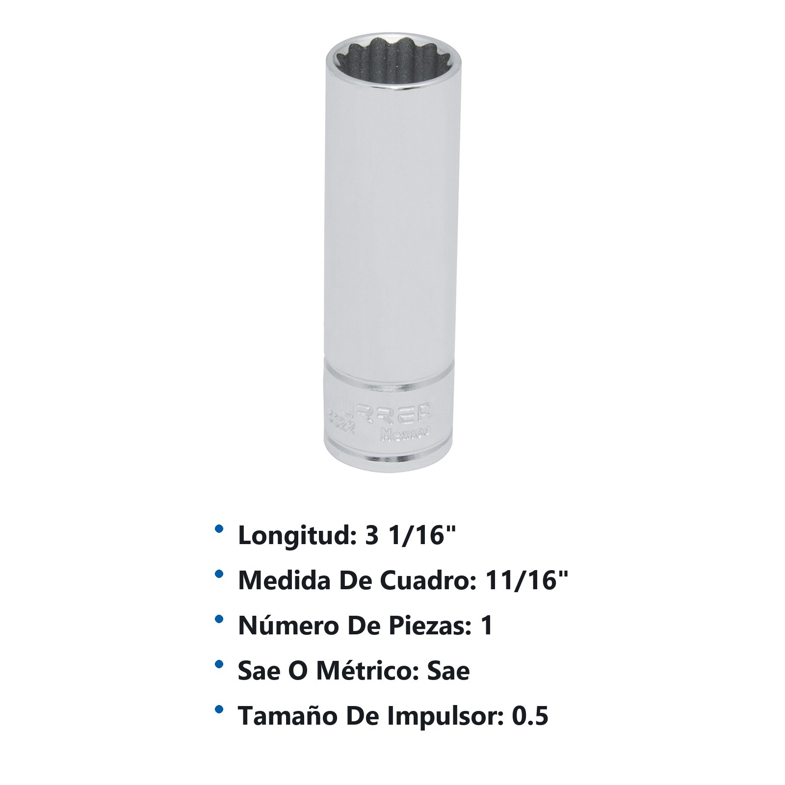Dado largo cuadro de 1/2", 12 puntas, en pulgadas, 11/16" Urrea - Imagen 3