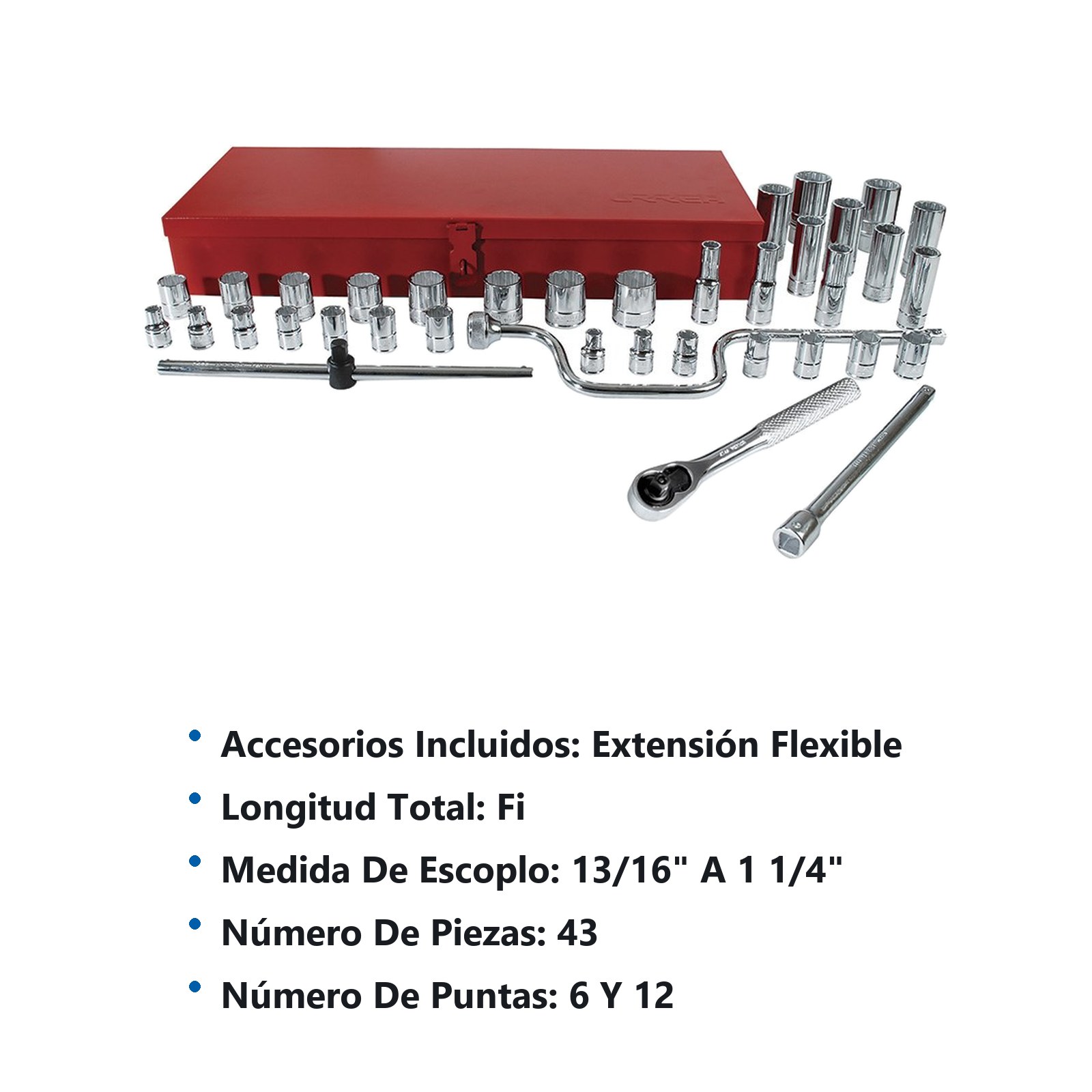 Juego de dados y accesorios cuadro de 1/2" en pulgadas, 43 piezas Urrea - Imagen 3