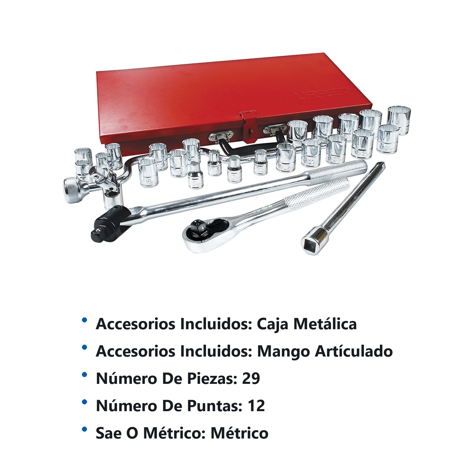 Juego de dados y accesorios cuadro de 1/2" métrico, 29 piezas Urrea - Imagen 3
