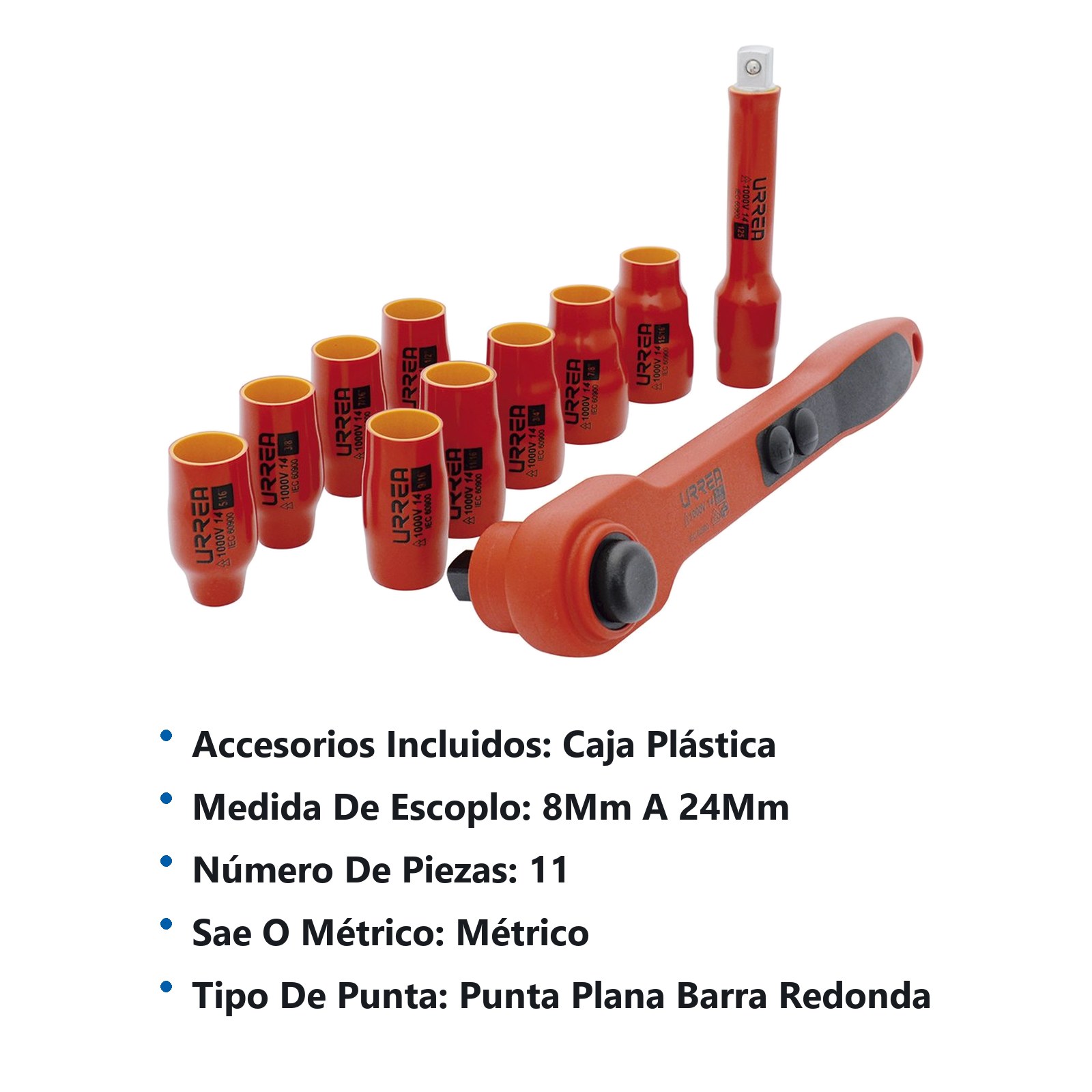 Juego de dados y accesorios cuadro de 1/2" métricos para 1000 V, 11 piezas Urrea - Imagen 2