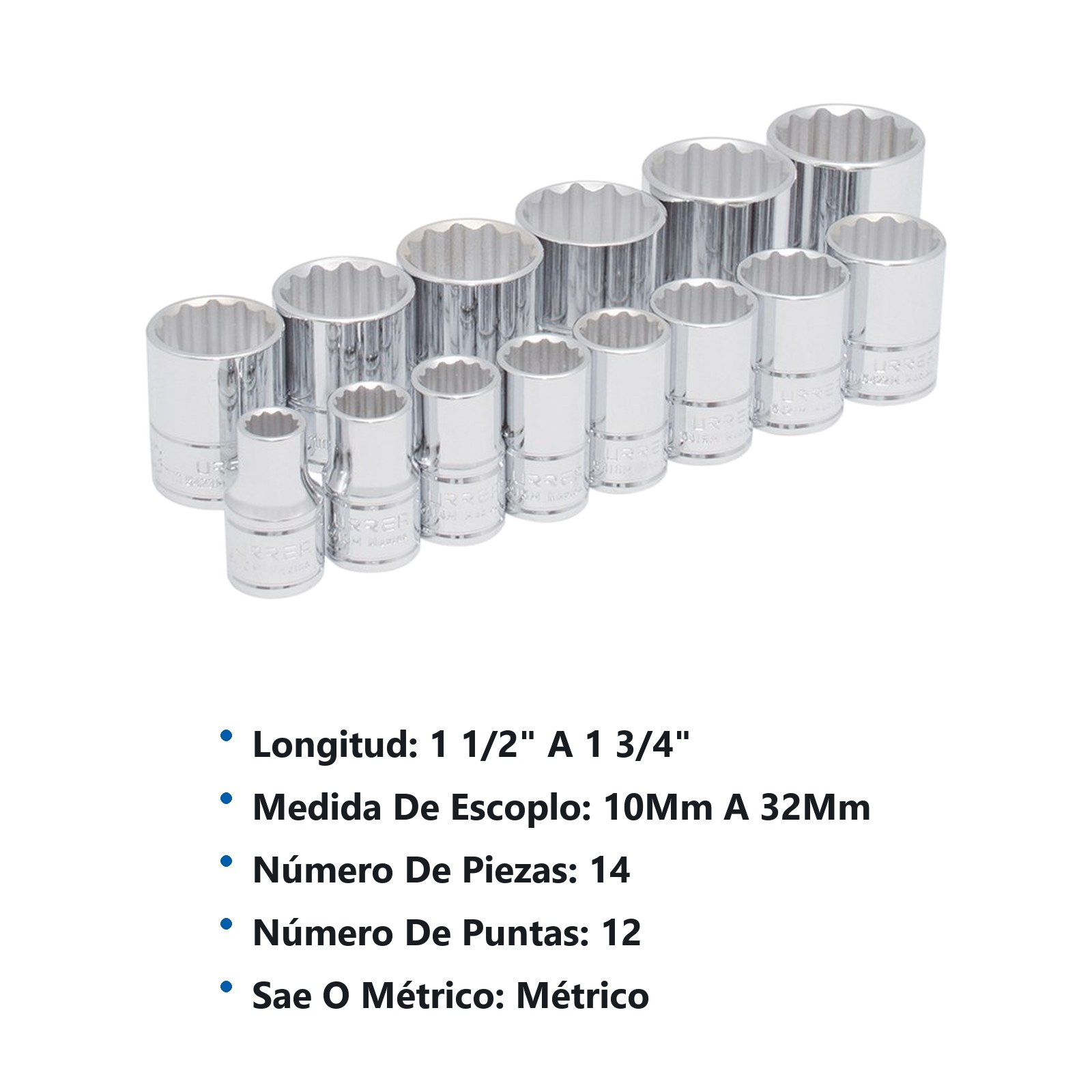 Juego de dados cuadro de 1/2", 12 puntas, métricos, 14 piezas Urrea - Imagen 3