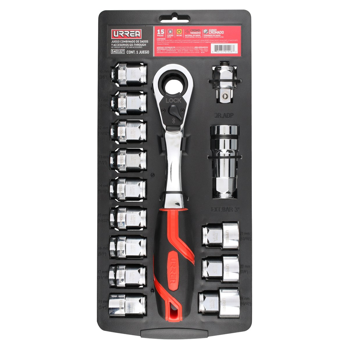 Juego de dados y accesorios cuadro de 1/2" Go-Through combinado, 15 piezas Urrea - Imagen 3