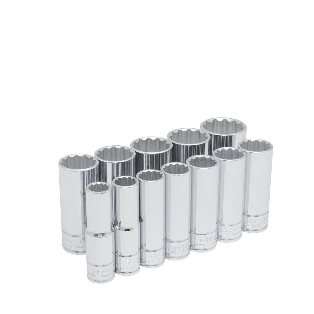 Juego de dados largos cuadro de 1/2", 12 puntas, en pulgadas, 12 piezas Urrea