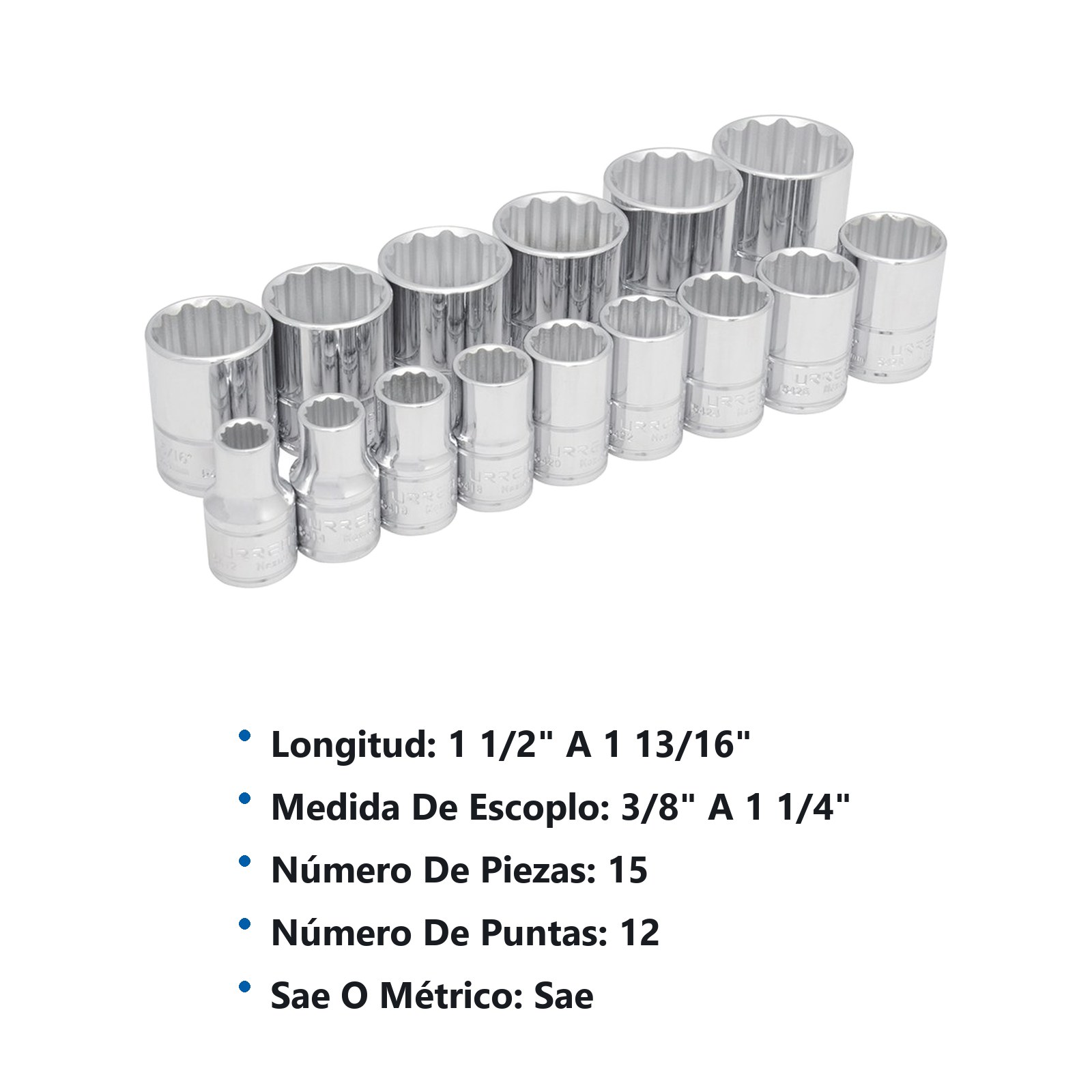 Juego de dados cuadro de 1/2", 12 puntas, en pulgadas, 15 piezas Urrea - Imagen 2