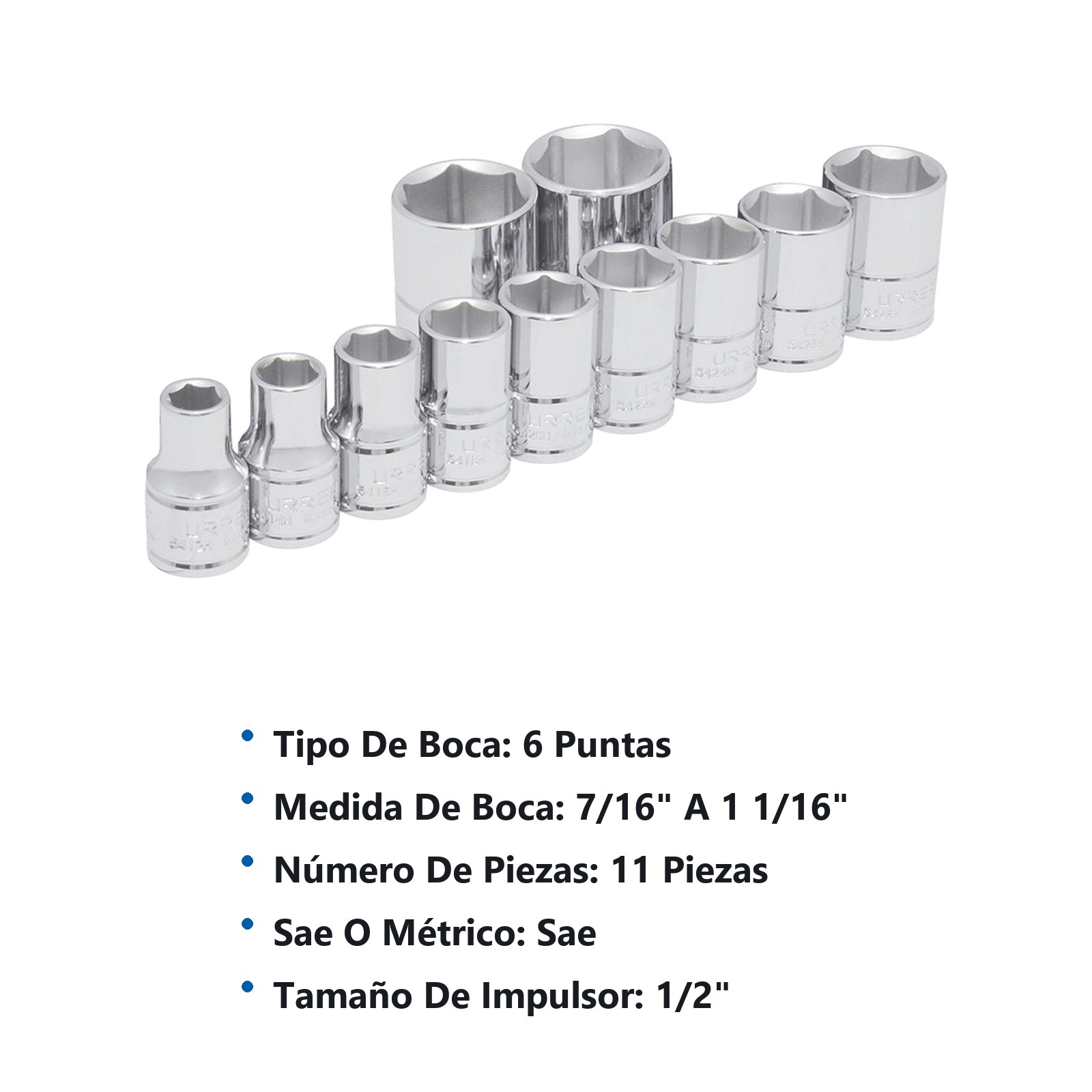 Juego de dados cuadro de 1/2", 6 puntas, en pulgadas, 11 piezas Urrea - Imagen 2