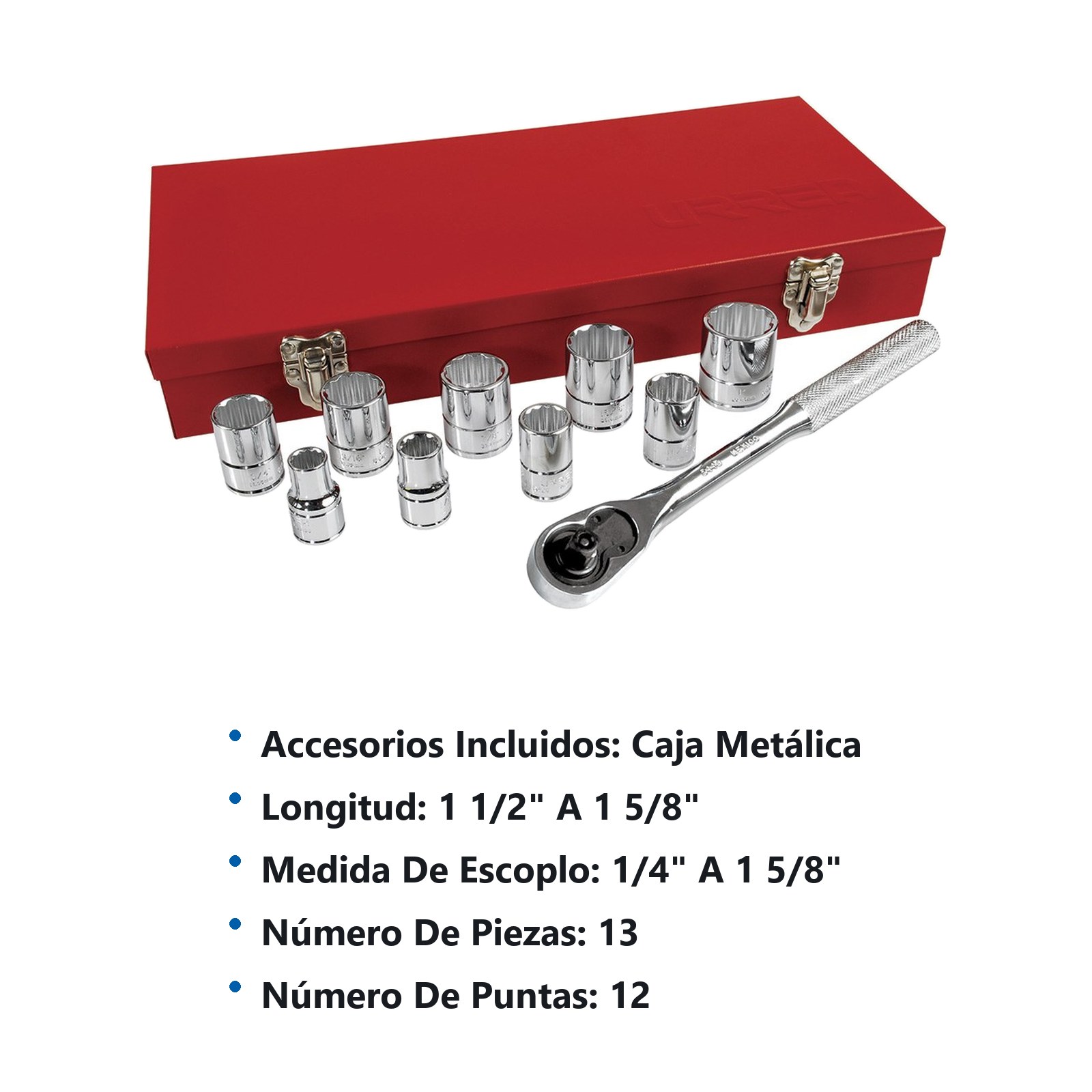 Juego de dados y accesorios cuadro de 1/2" en pulgadas, 13 piezas Urrea - Imagen 3