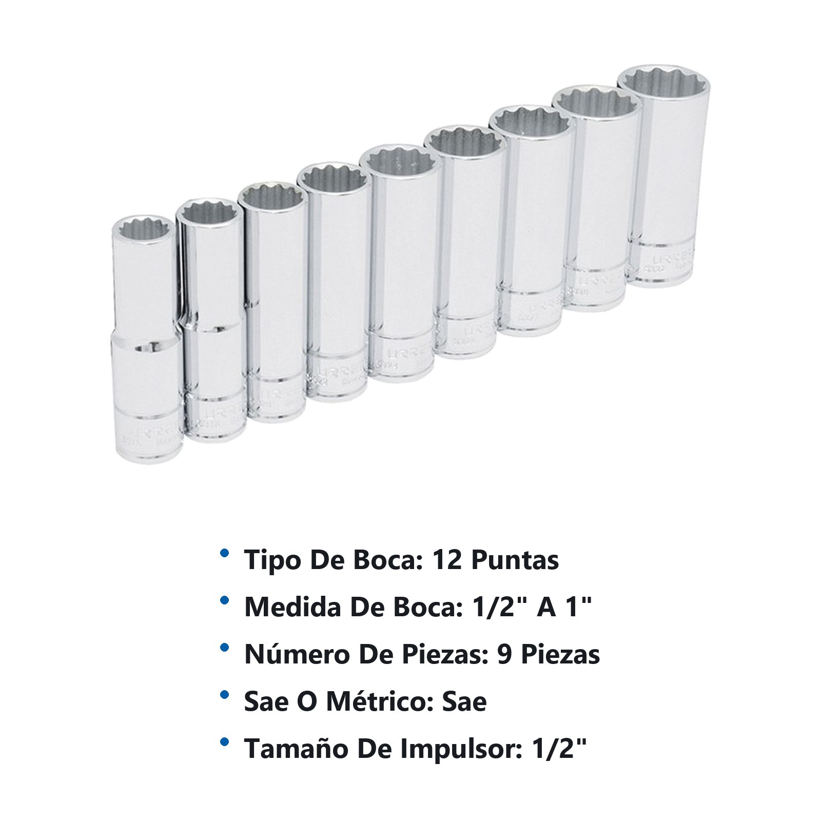 Juego de dados largos cuadro de 1/2", 12 puntas, en pulgadas, 9 piezas Urrea - Imagen 2