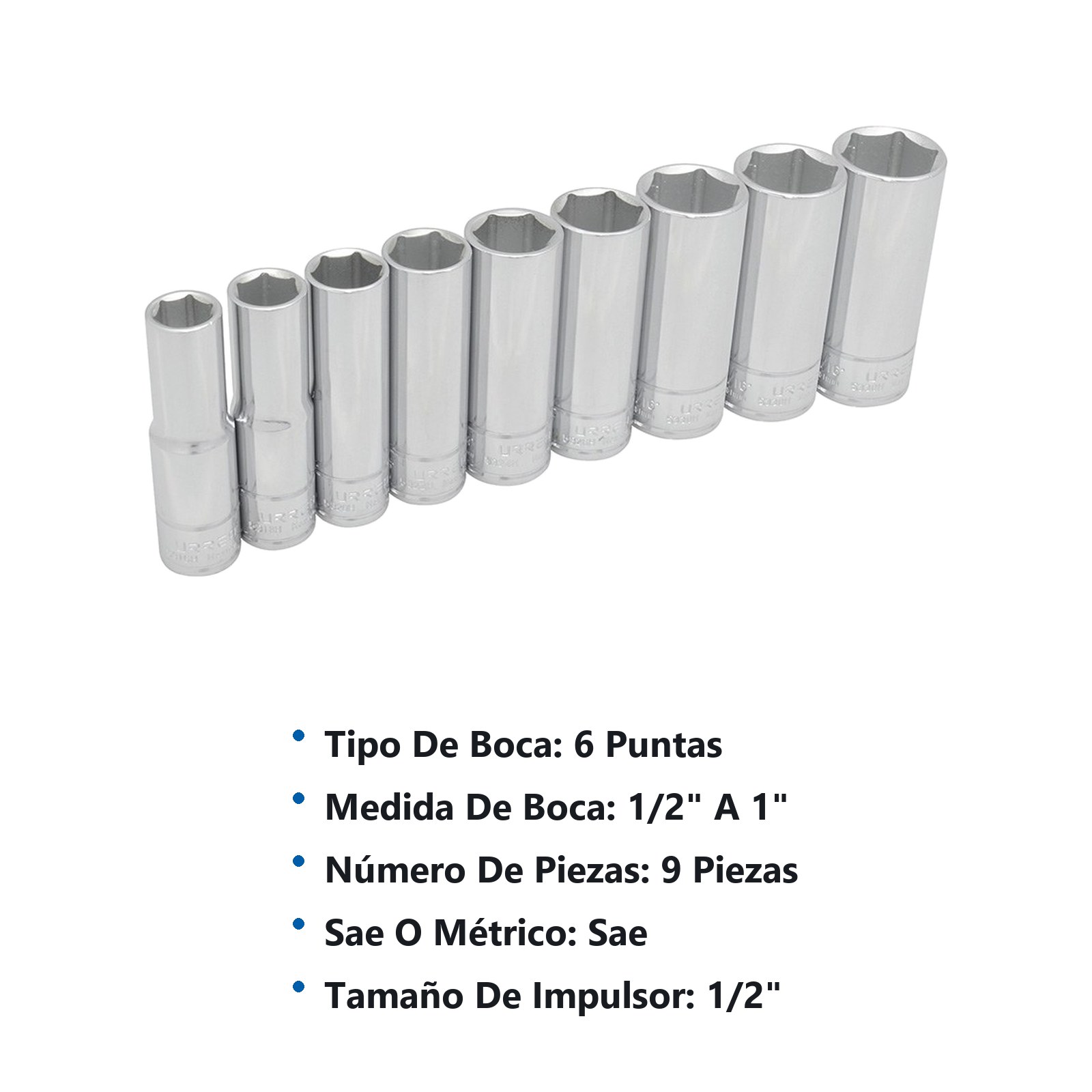 Juego de dados largos cuadro de 1/2", 6 puntas, en pulgadas, 9 piezas Urrea - Imagen 2