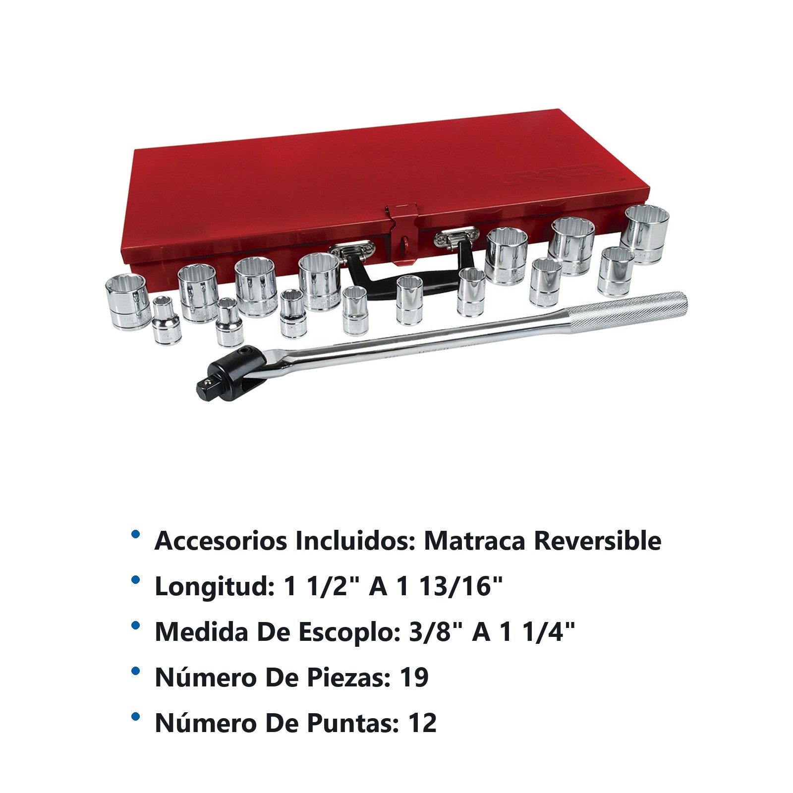 Juego de dados y accesorios cuadro de 1/2" en pulgadas, 19 piezas Urrea - Imagen 3