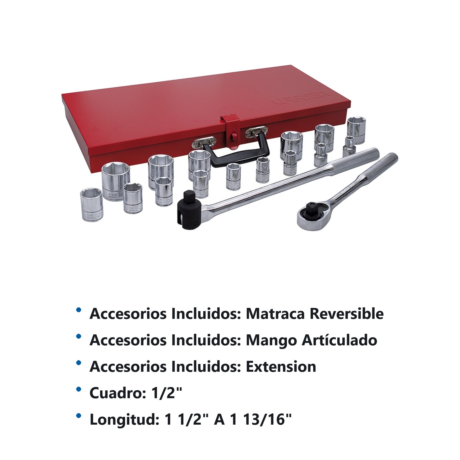 Juego de dados y accesorios cuadro de 1/2" en pulgadas, 19 piezas Urrea - Imagen 3