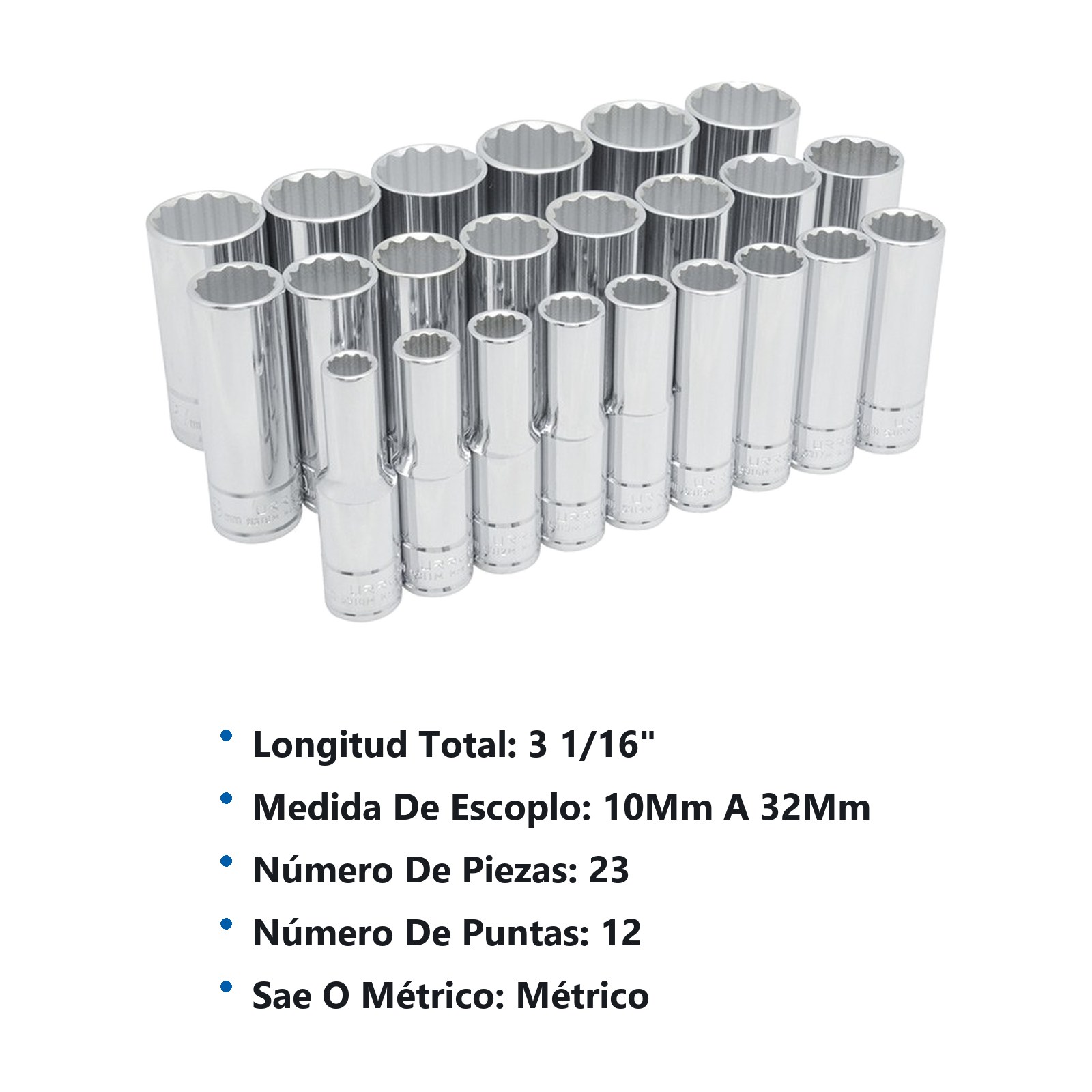 Juego de dados largos cuadro de 1/2", 12 puntas, métricos, 23 piezas Urrea - Imagen 2