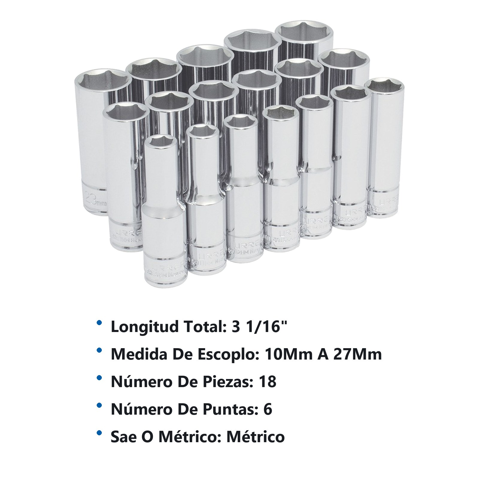 Juego de dados largos cuadro de 1/2" 6 puntas, métricos, 18 piezas Urrea - Imagen 2