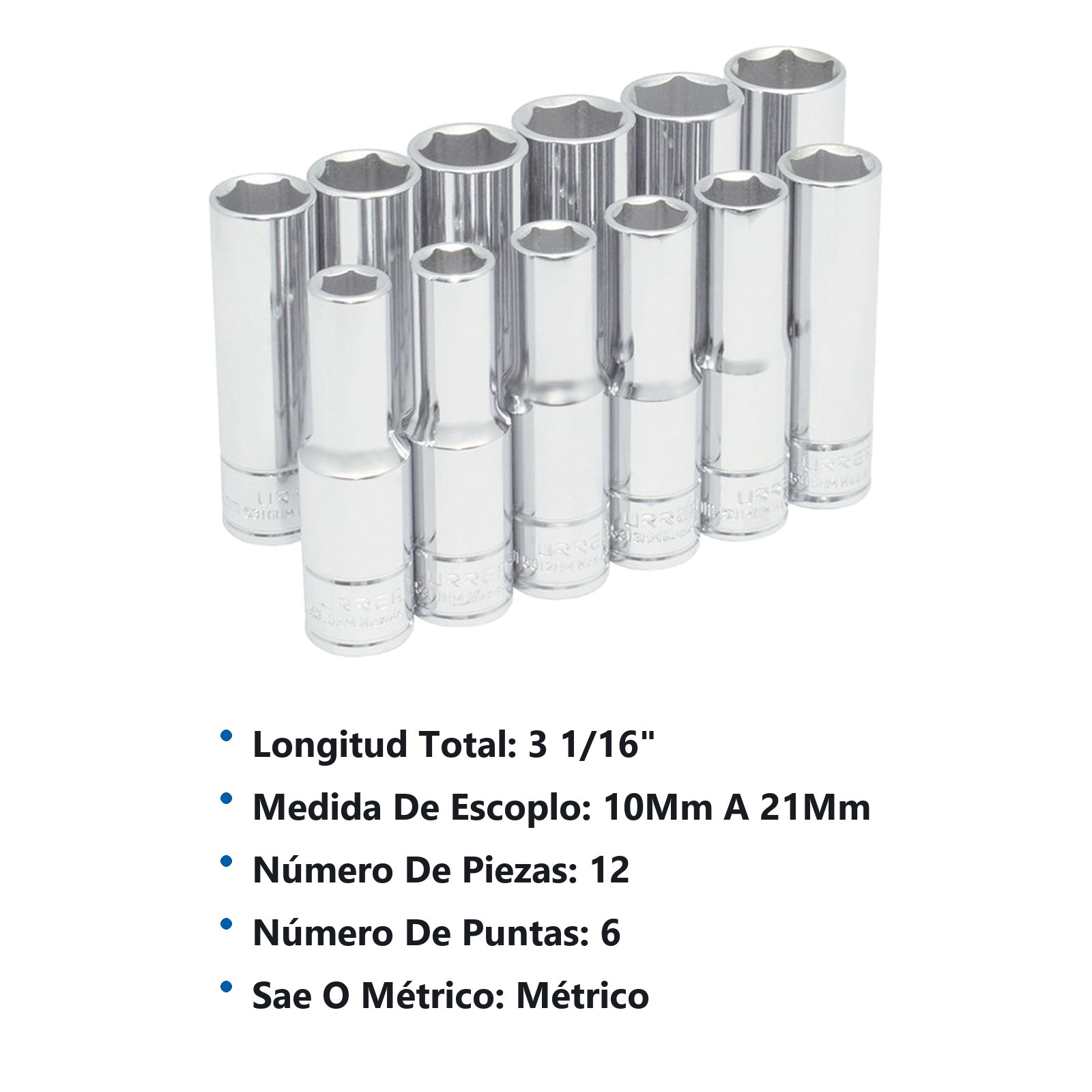 Juego de dados largos cuadro de 1/2" 6 puntas, métricos, 12 piezas Urrea - Imagen 2