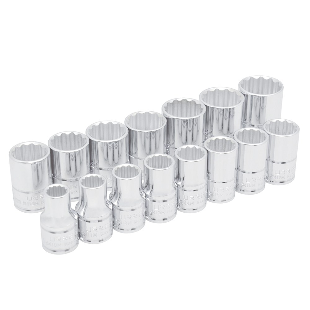 Juego de dados cuadro de 1/2", 12 puntas, métricos, 15 piezas Urrea