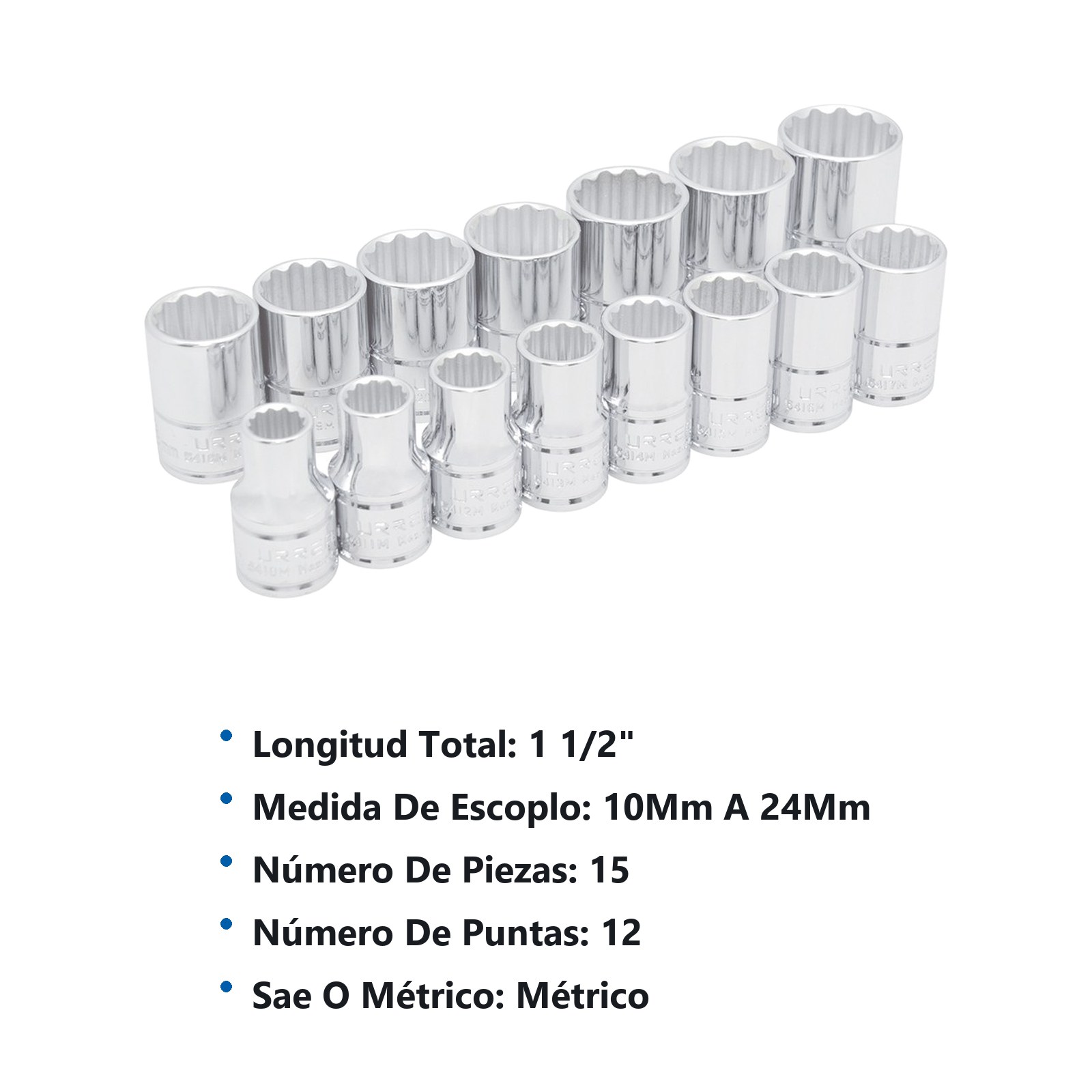 Juego de dados cuadro de 1/2", 12 puntas, métricos, 15 piezas Urrea - Imagen 2