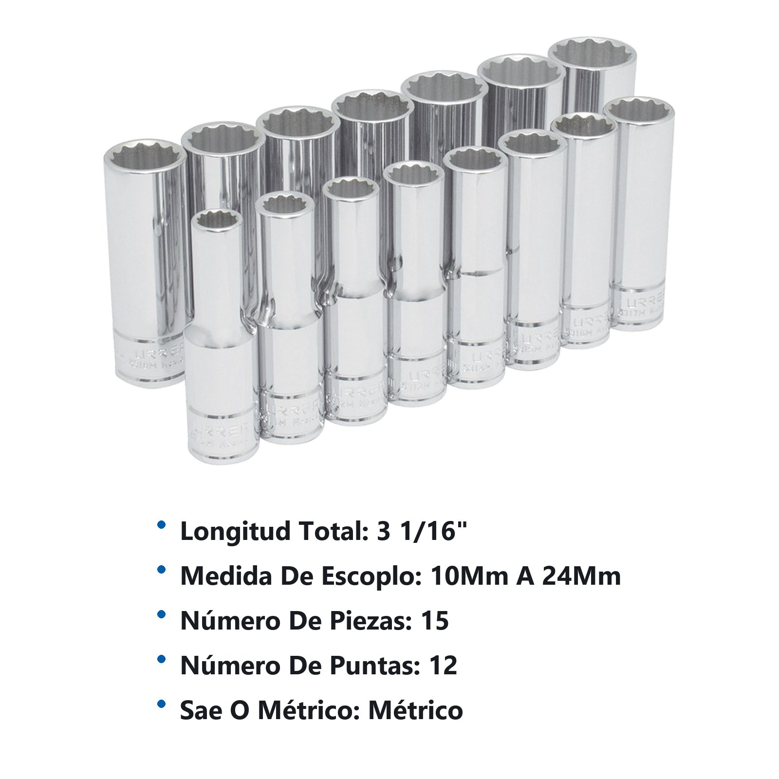 Juego de dados largos cuadro de 1/2", 12 puntas, métricos, 15 piezas Urrea - Imagen 2