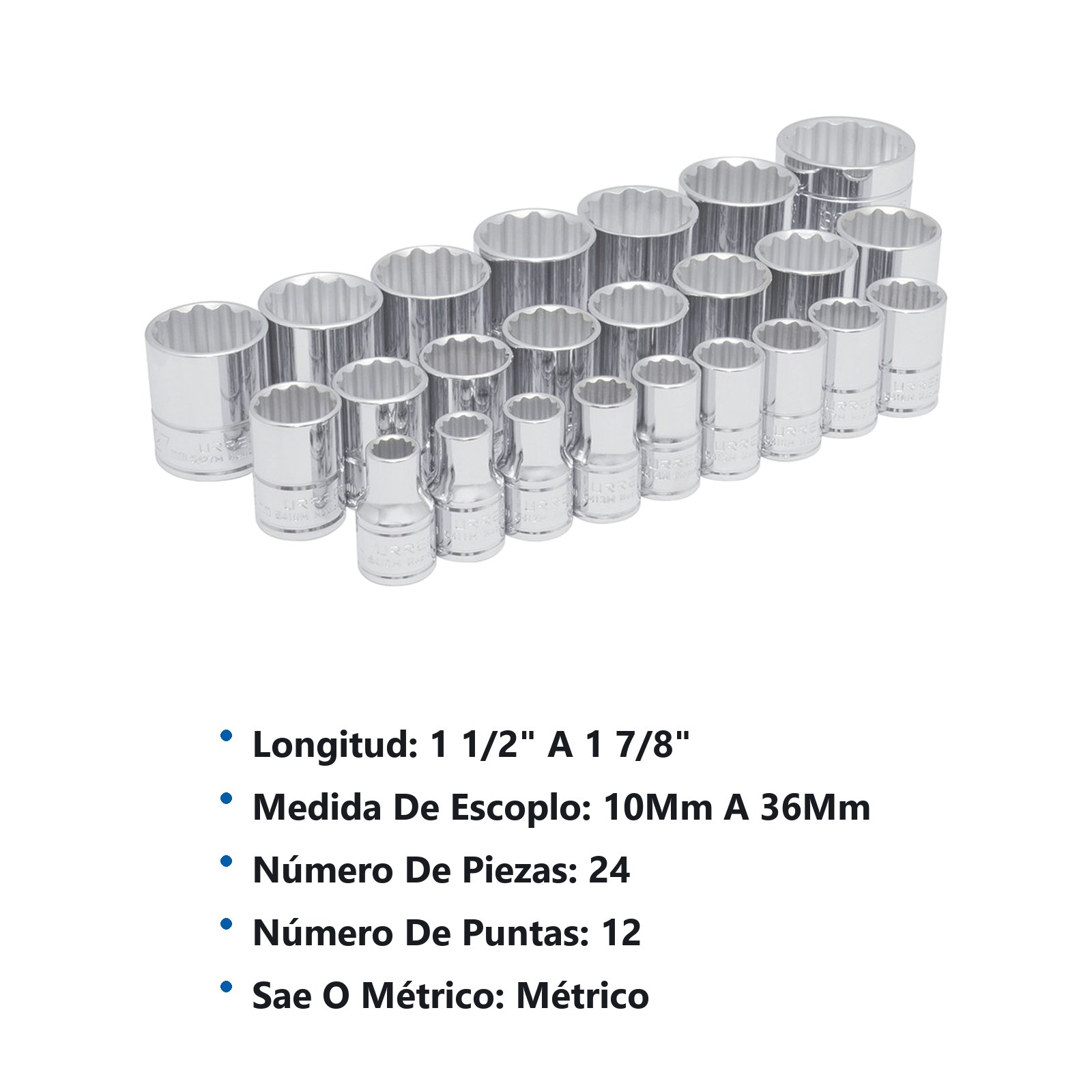 Juego de dados cuadro de 1/2", 12 puntas, métricos, 24 piezas Urrea - Imagen 2
