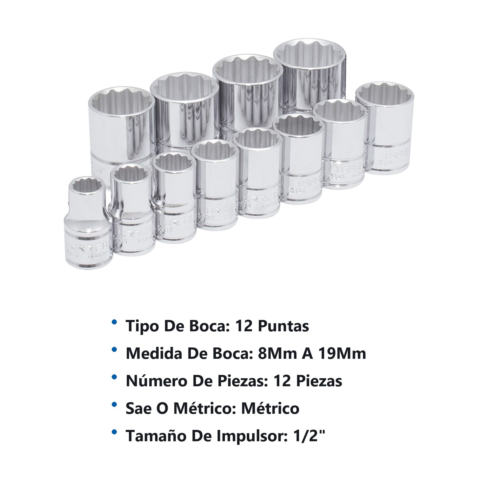 Juego de dados cuadro de 1/2", 12 puntas, métricos, 12 piezas Urrea - Imagen 2