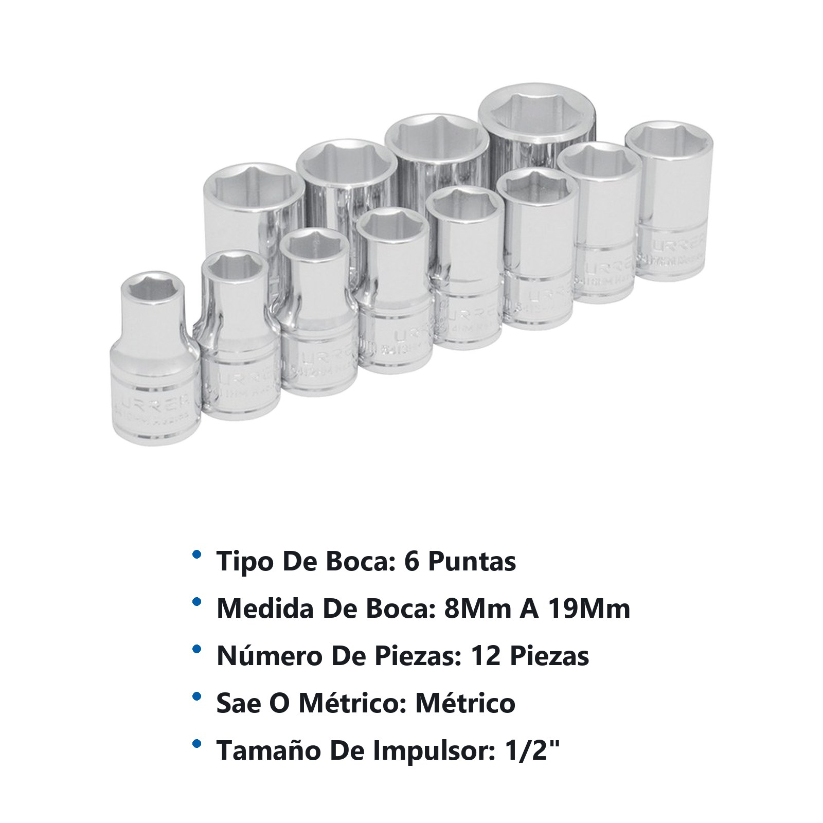 Juego de dados cuadro de 1/2", 6 puntas, métricos, 12 piezas Urrea - Imagen 2