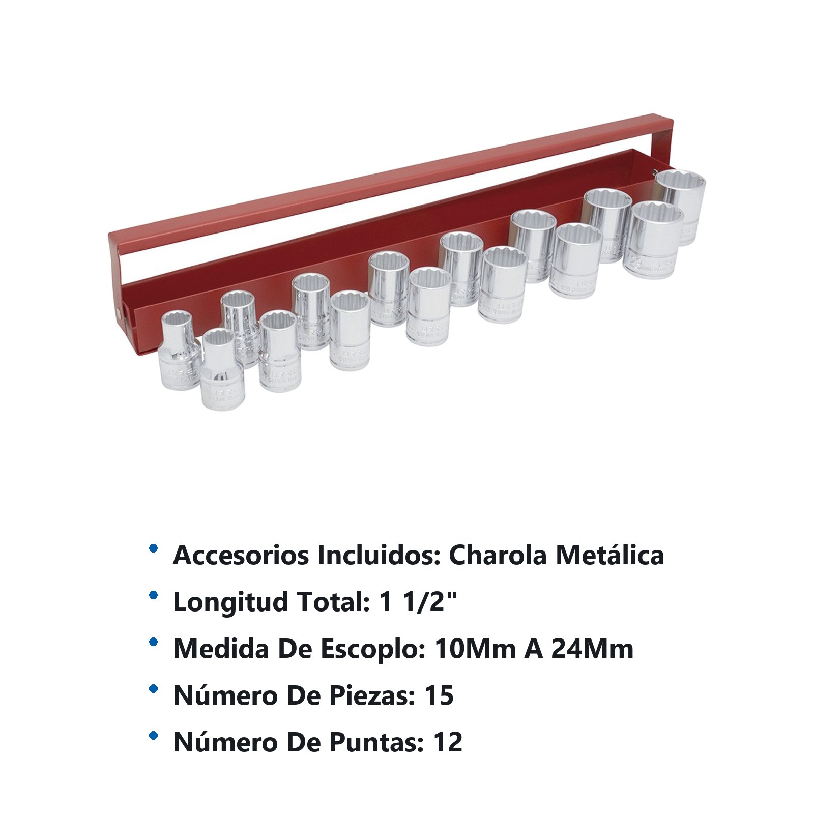 Juego de dados cuadro de 1/2", 12 puntas, métricos, 15 piezas Urrea - Imagen 2