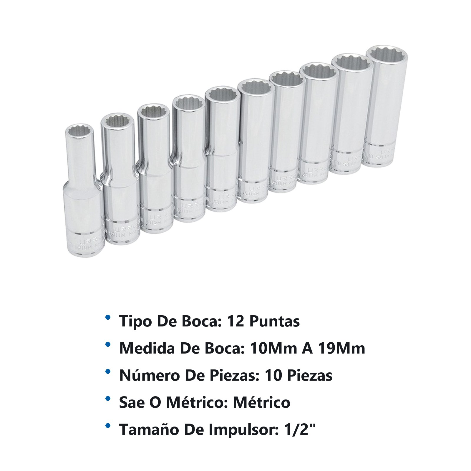Juego de dados largos cuadro de 1/2", 12 puntas, métricos, en riel, 10 piezas Urrea - Imagen 2