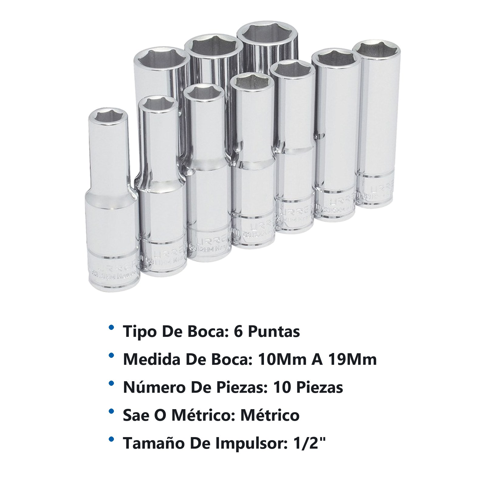 Juego de dados largos cuadro de 1/2", 6 puntas, métricos, 10 piezas Urrea - Imagen 2